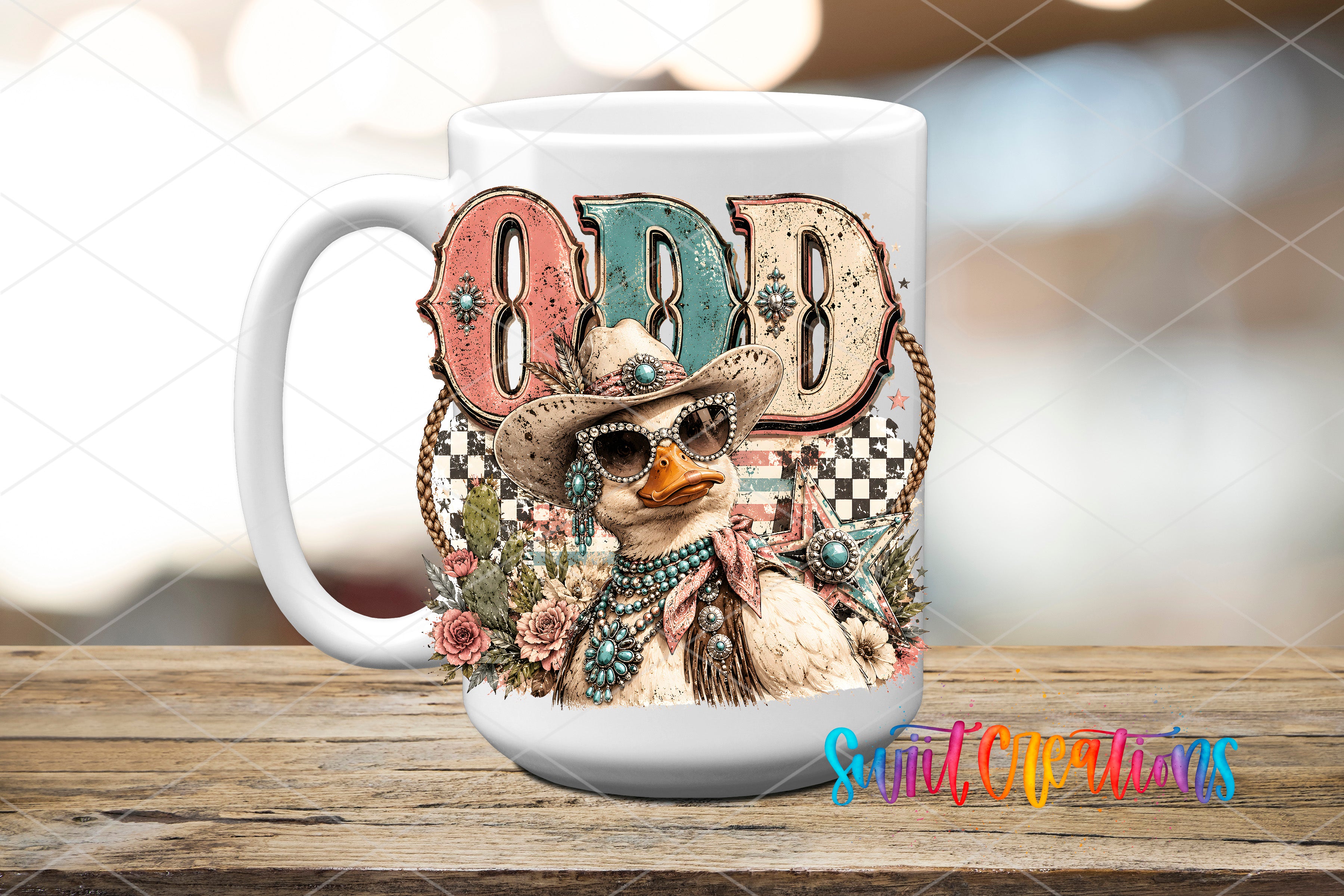 A white mug with a colorful and whimsical design featuring a duck wearing sunglasses and a cowboy hat, surrounded by flowers and other decorative elements.