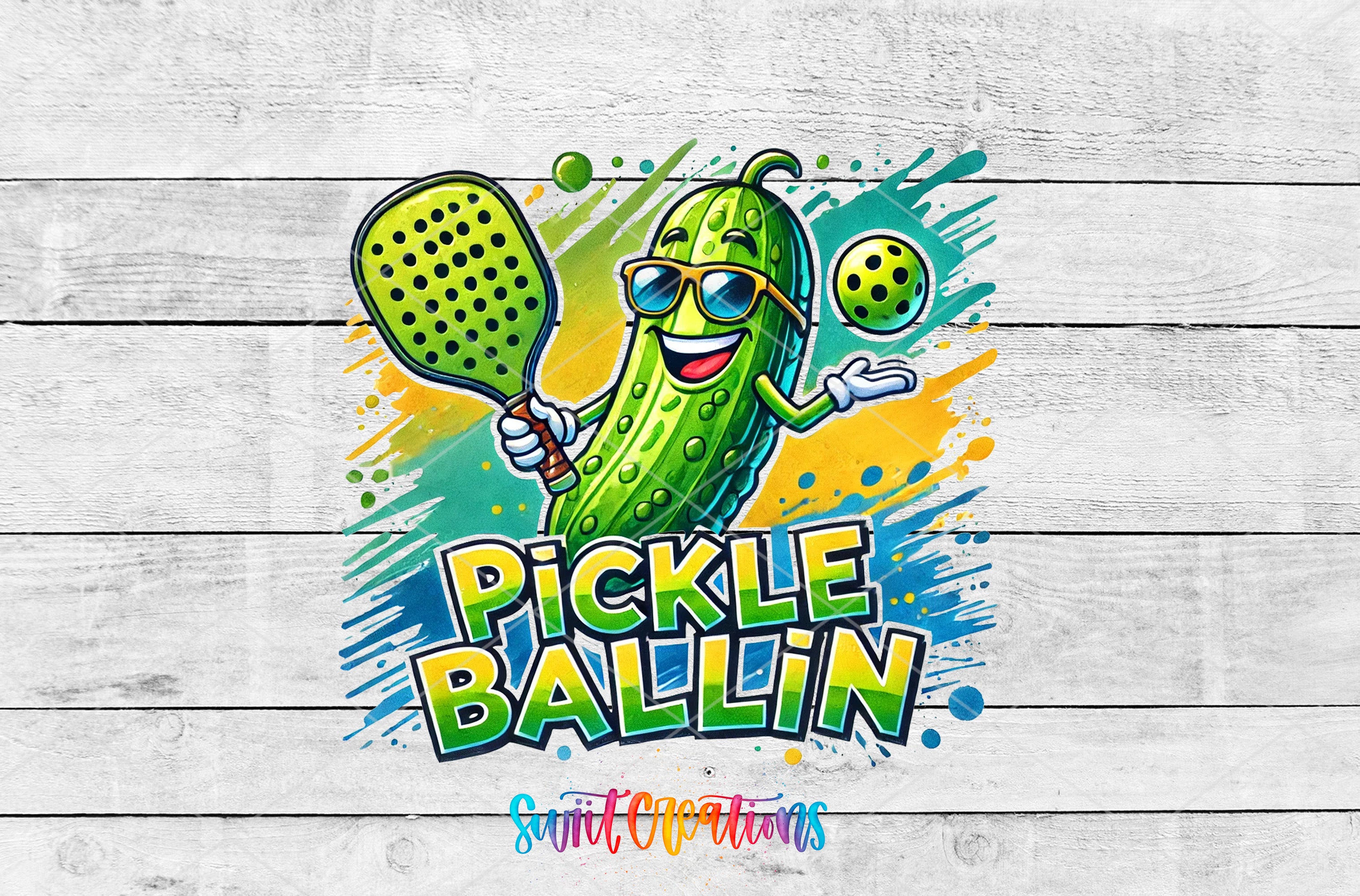 A colorful illustration of a pickle character holding a paddle and a ball, with the text "Pickle Ballin" prominently displayed.