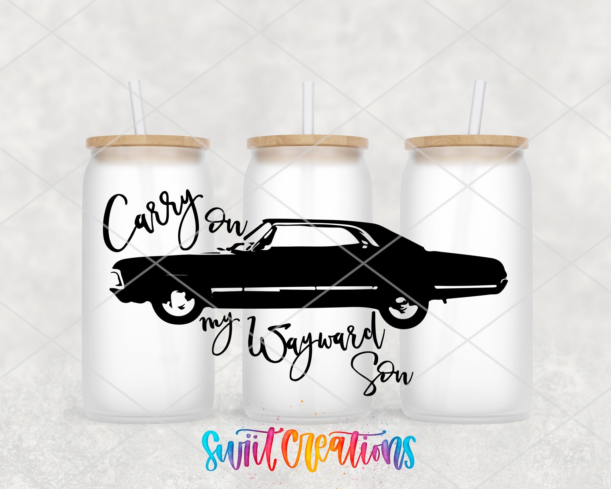 a couple of mason jars with a car on them