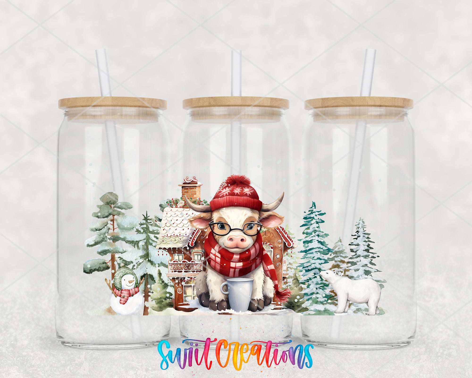 A collage of three glass jars with straws, each containing a different winter scene. The jar on the left has a snowman, the middle jar has a cow, and the jar on the right has a polar bear.