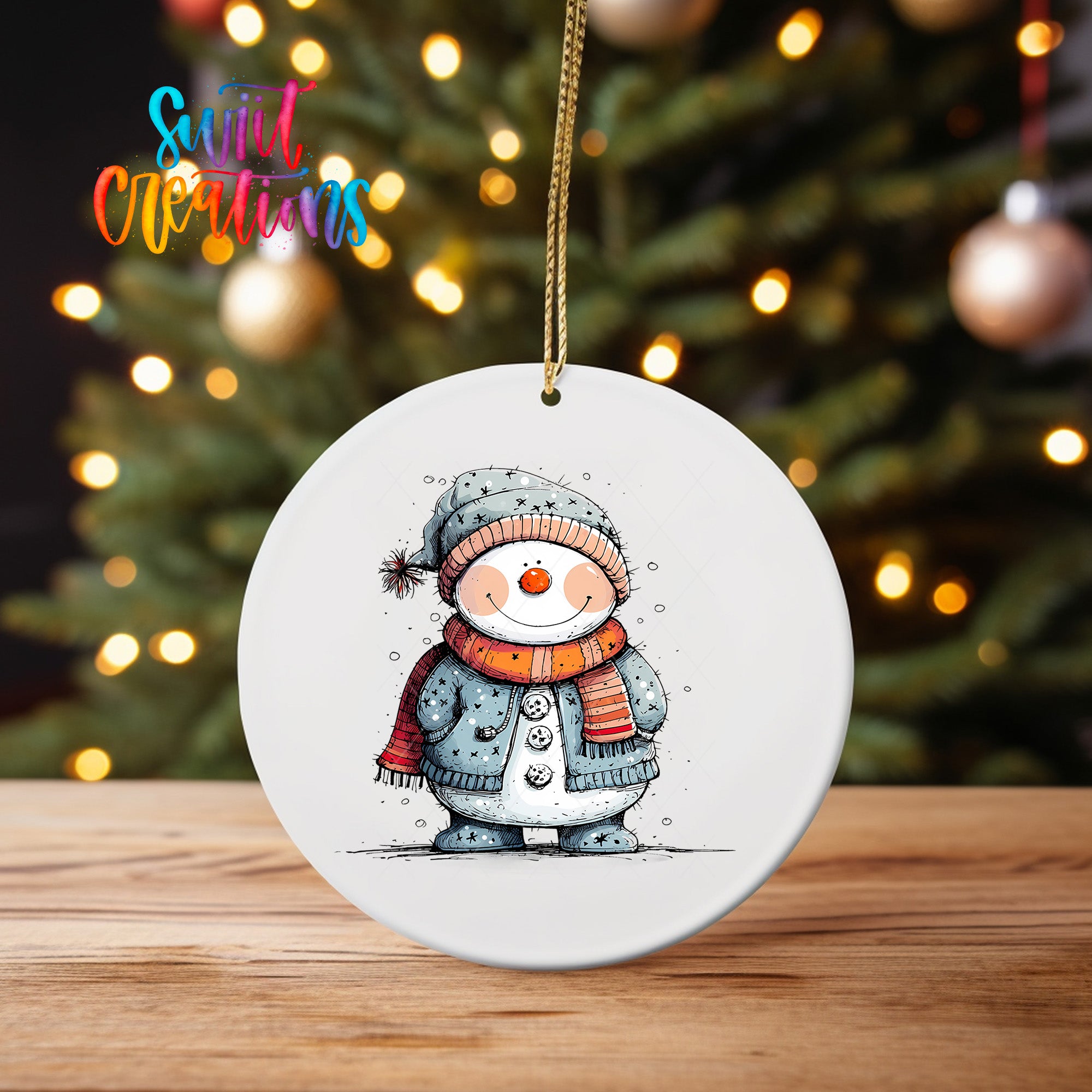 A white oval ornament featuring a snowman with a scarf and hat, set against a blurred background of Christmas lights.