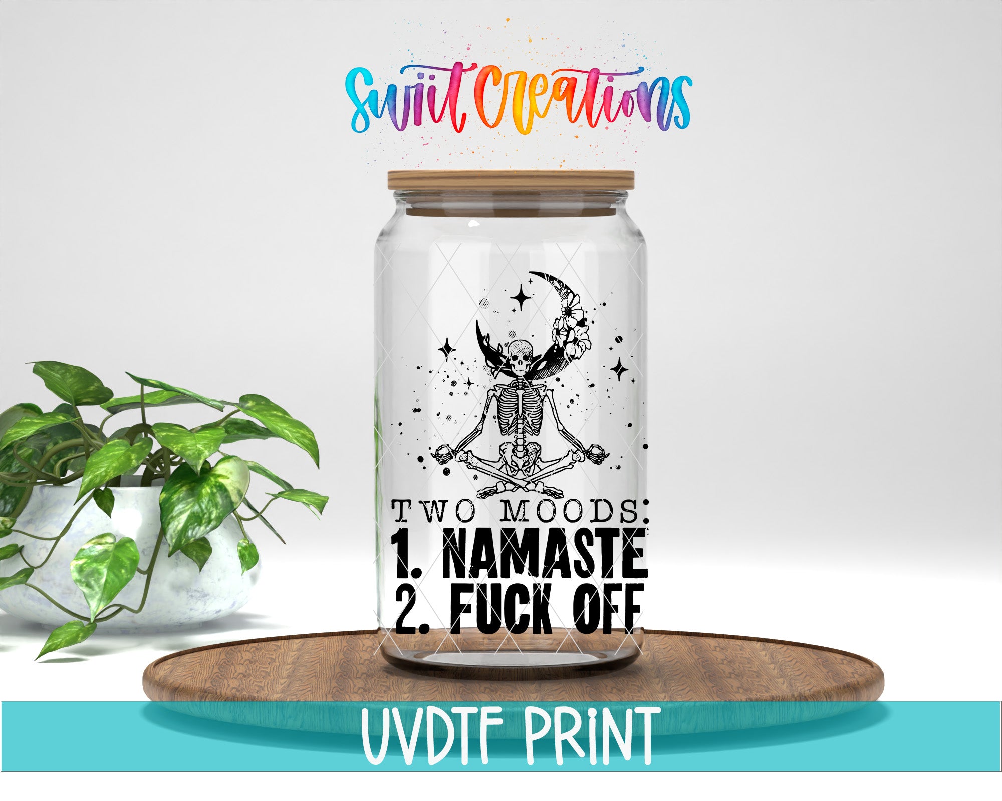 a glass jar with a picture of a skeleton on it