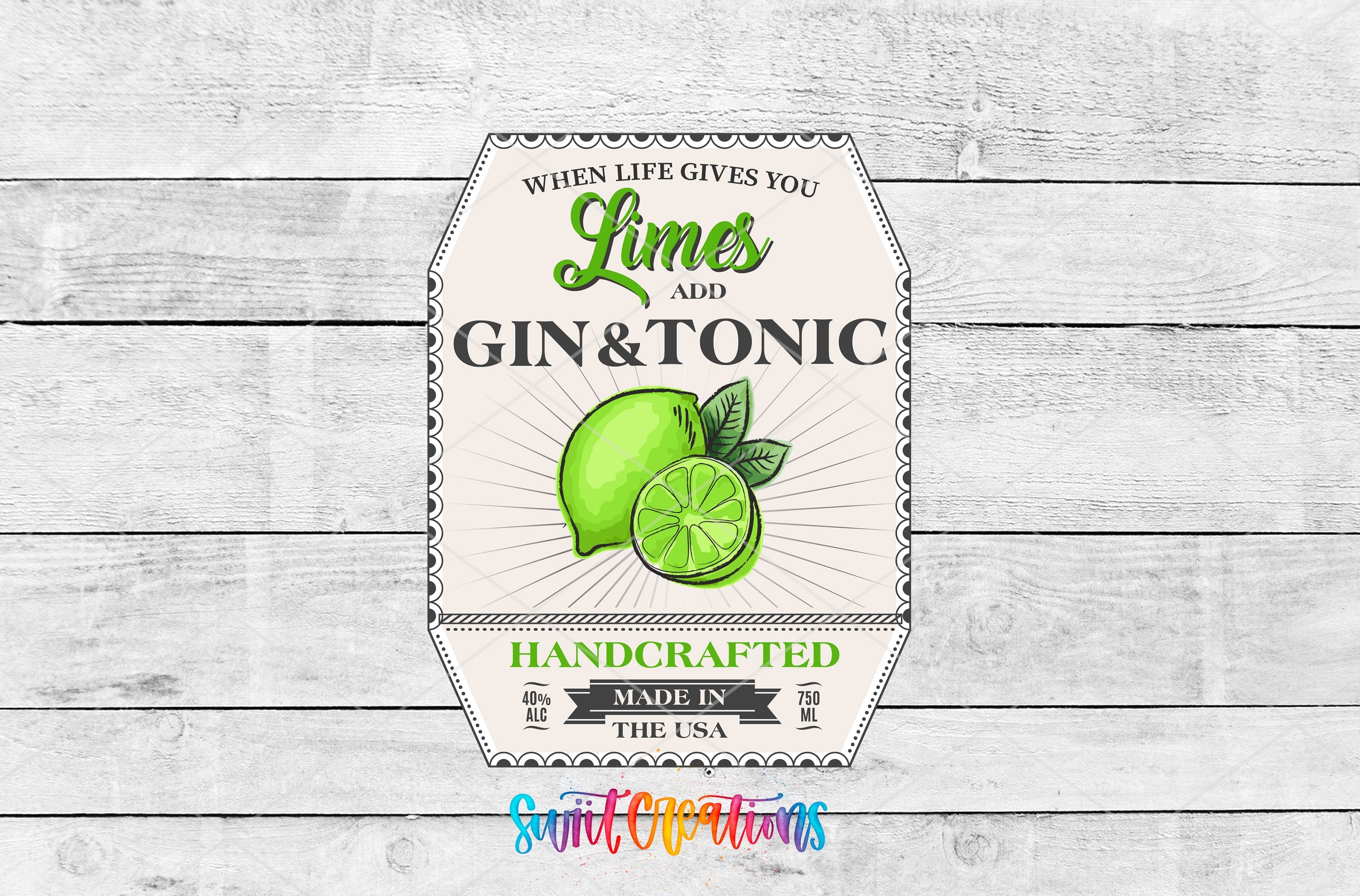 limes and gin and tonic label on a wooden background