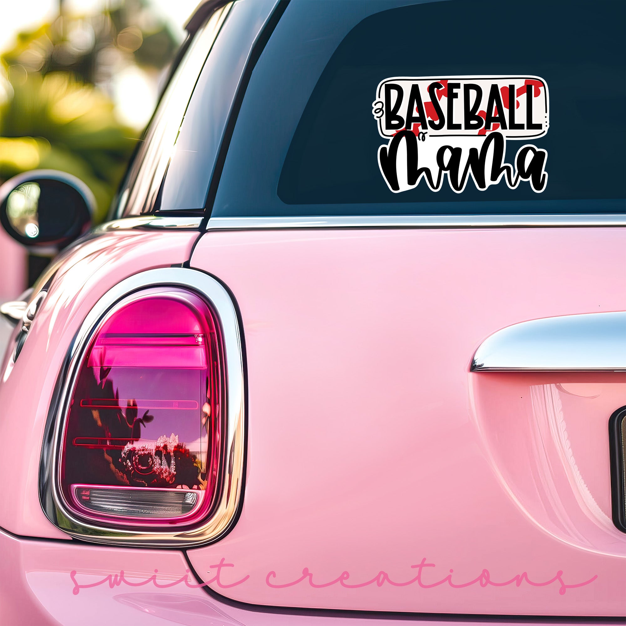 a pink car with a sticker that says baseball champs