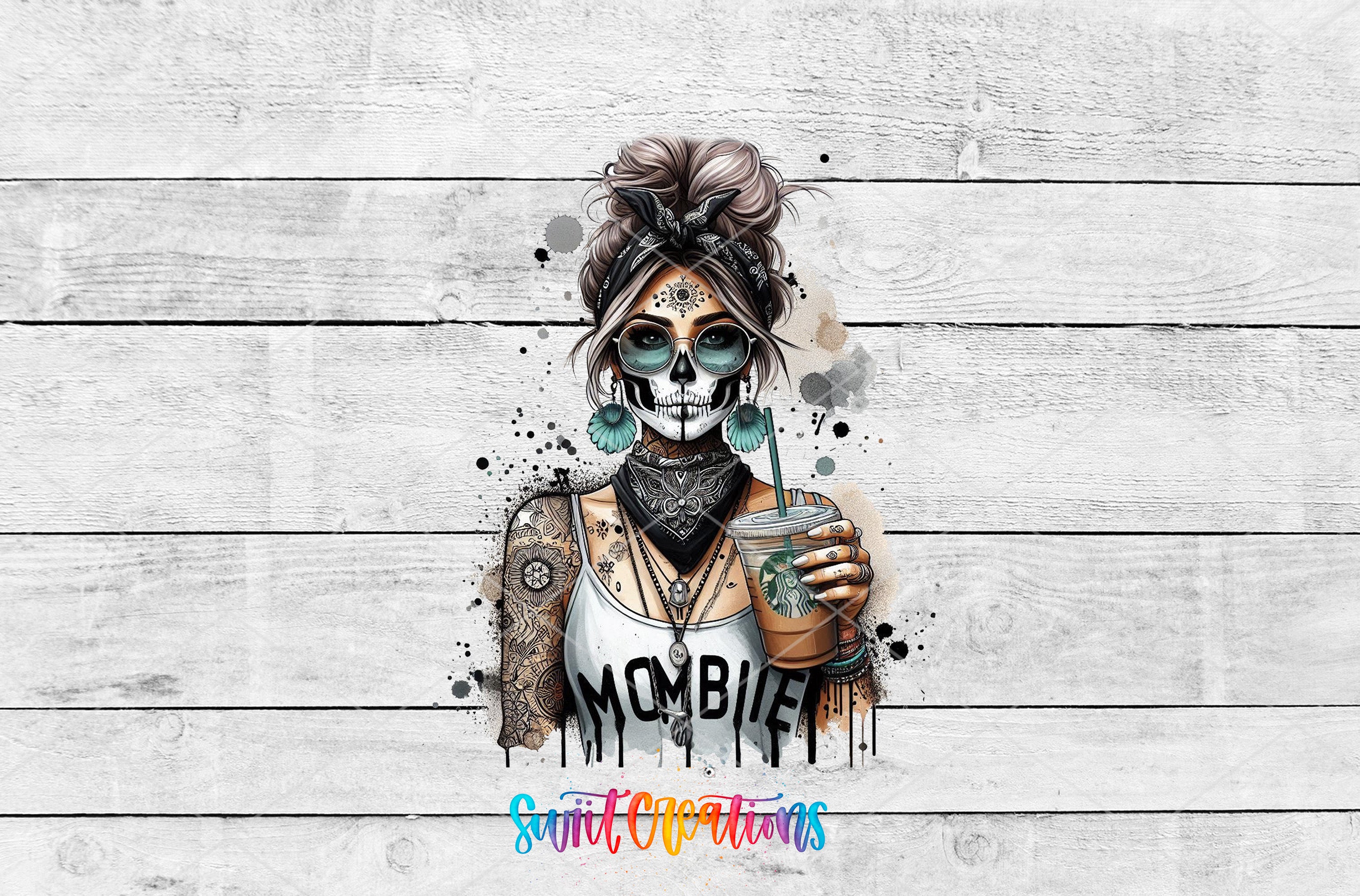 A colorful illustration of a woman with a skull-like face, wearing a tank top with the word "MOMBIE" and holding a drink, set against a white wooden background.