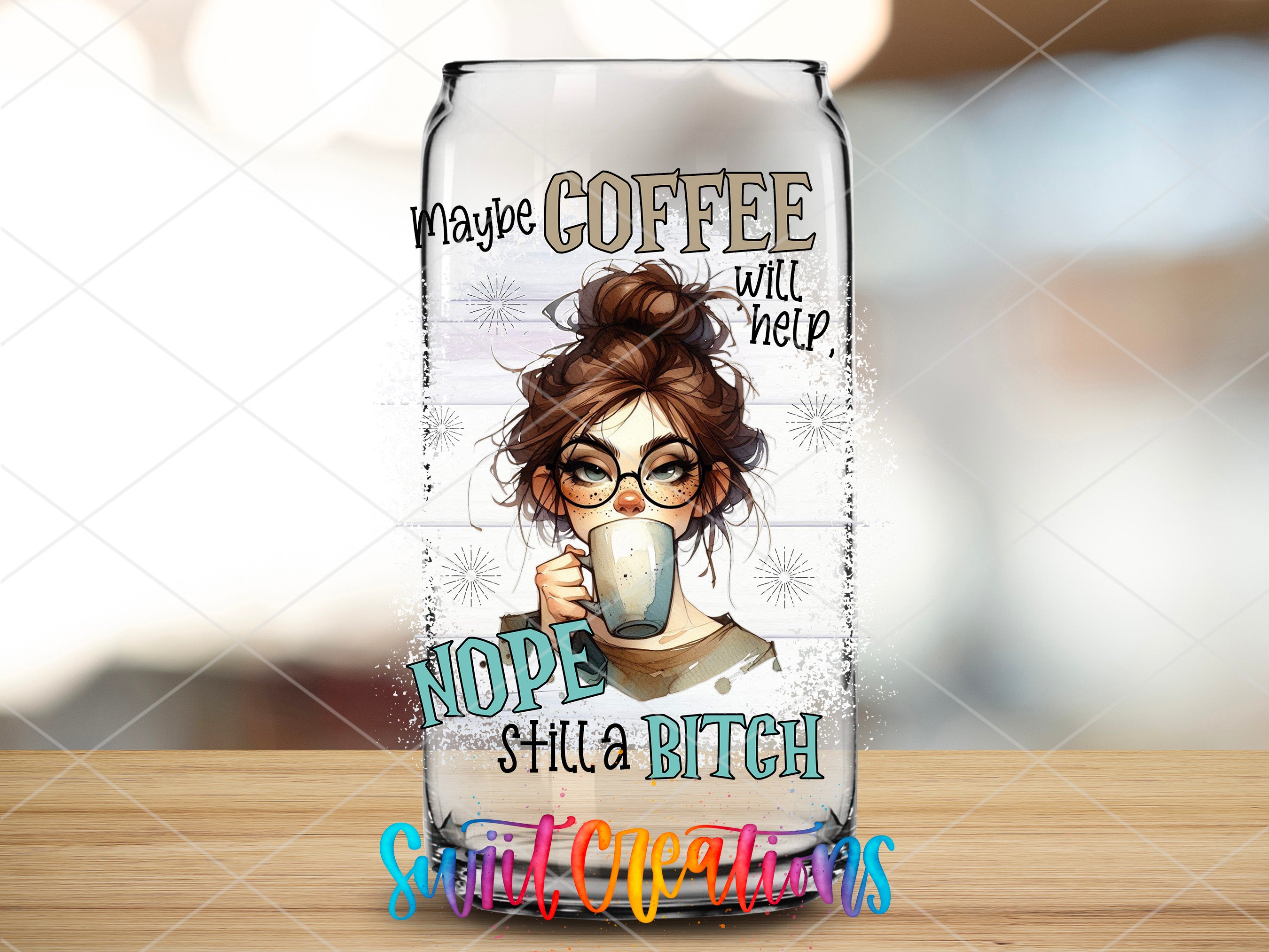 a glass with a picture of a woman holding a coffee cup