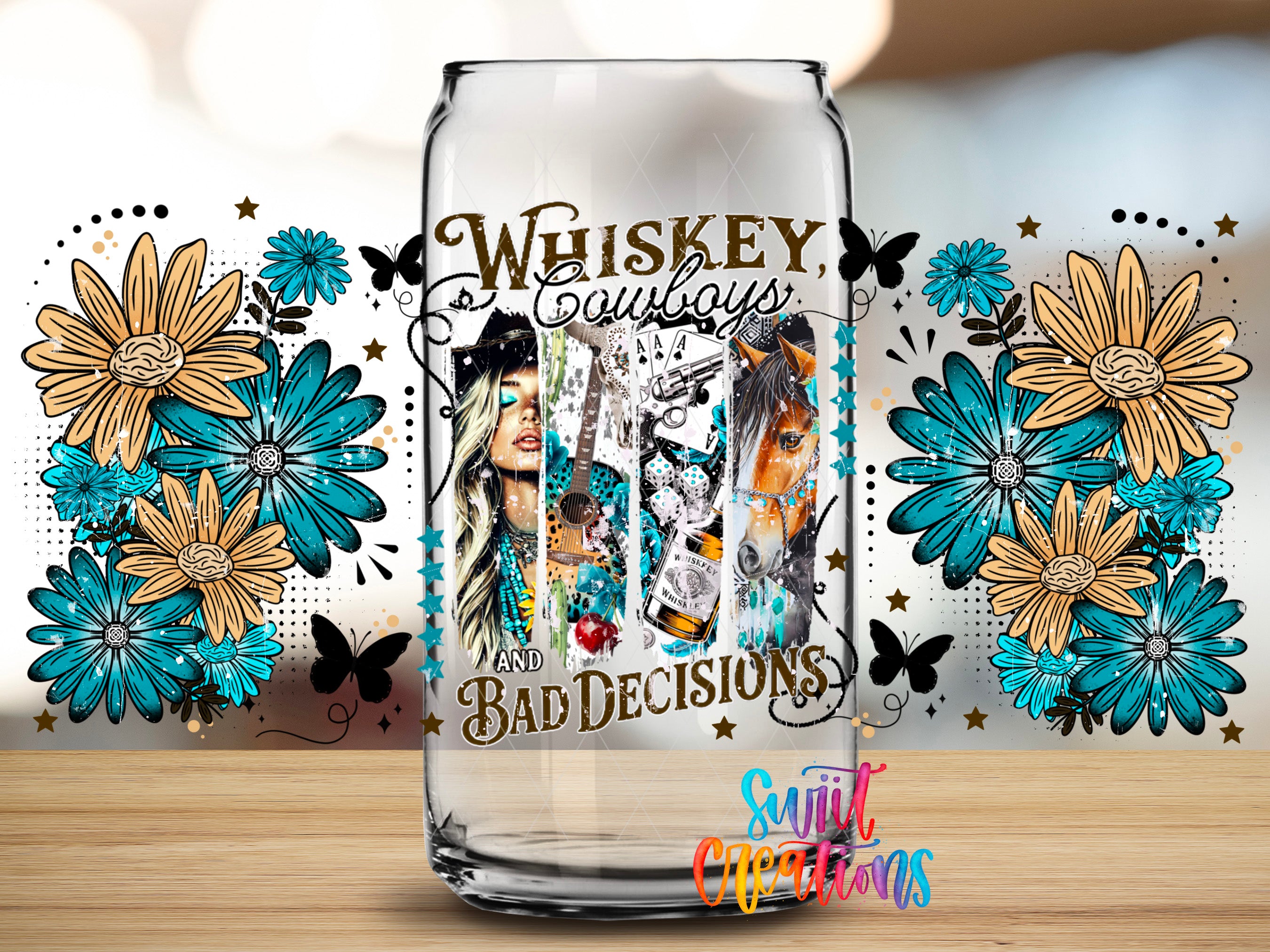 a glass can with a design that includes a collage of images, including a woman's face, flowers, butterflies, and text.