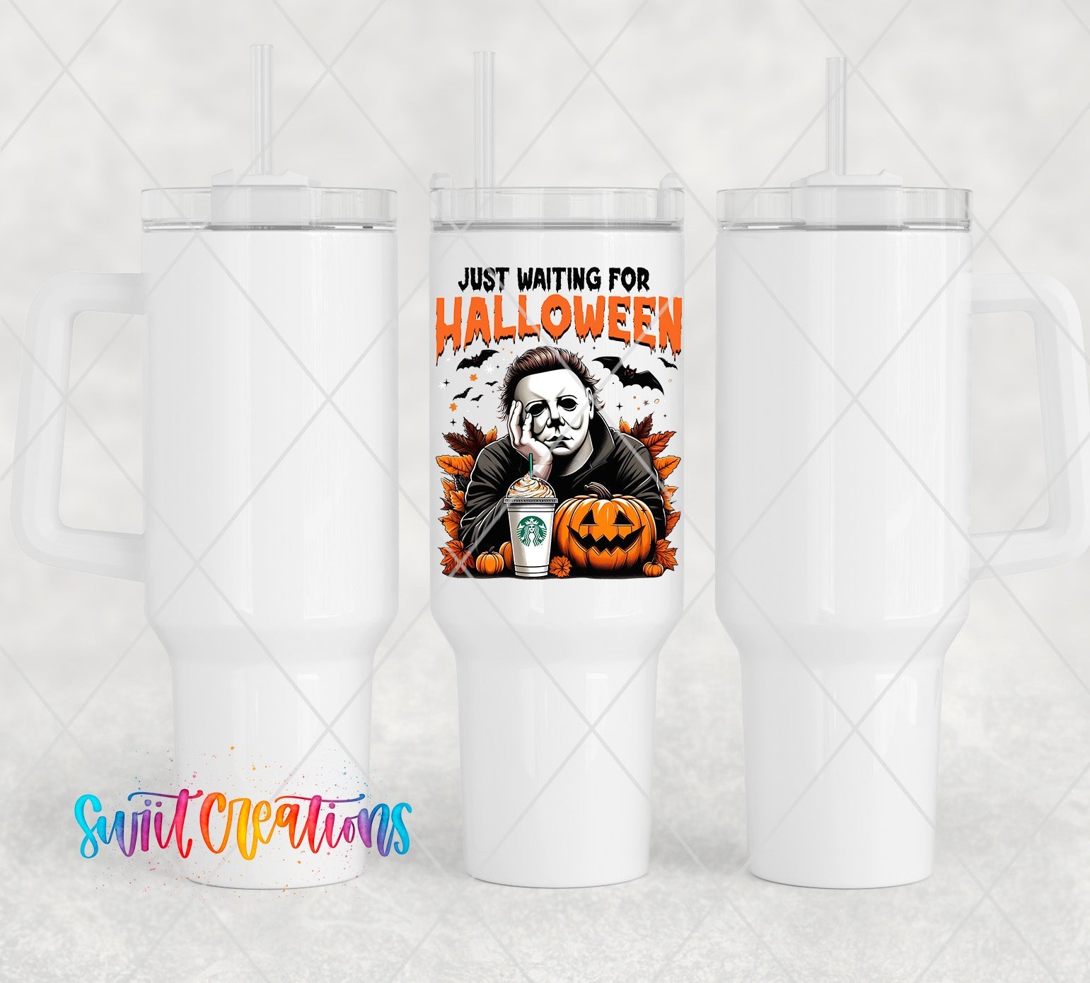 a white tumbler with a picture of a witch on it