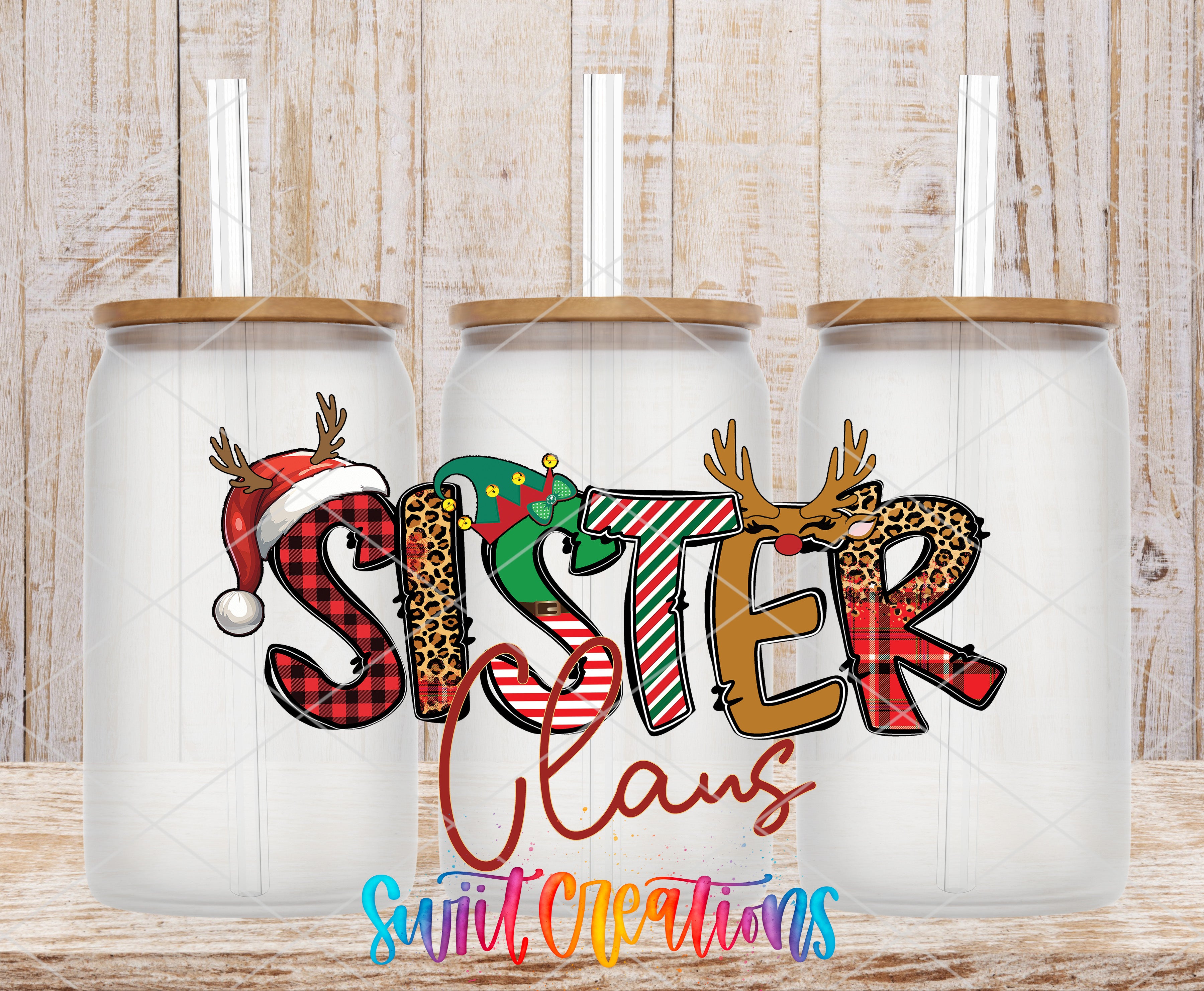 Three glass tumblers with the word "SISTER" written on them in a colorful, festive font.