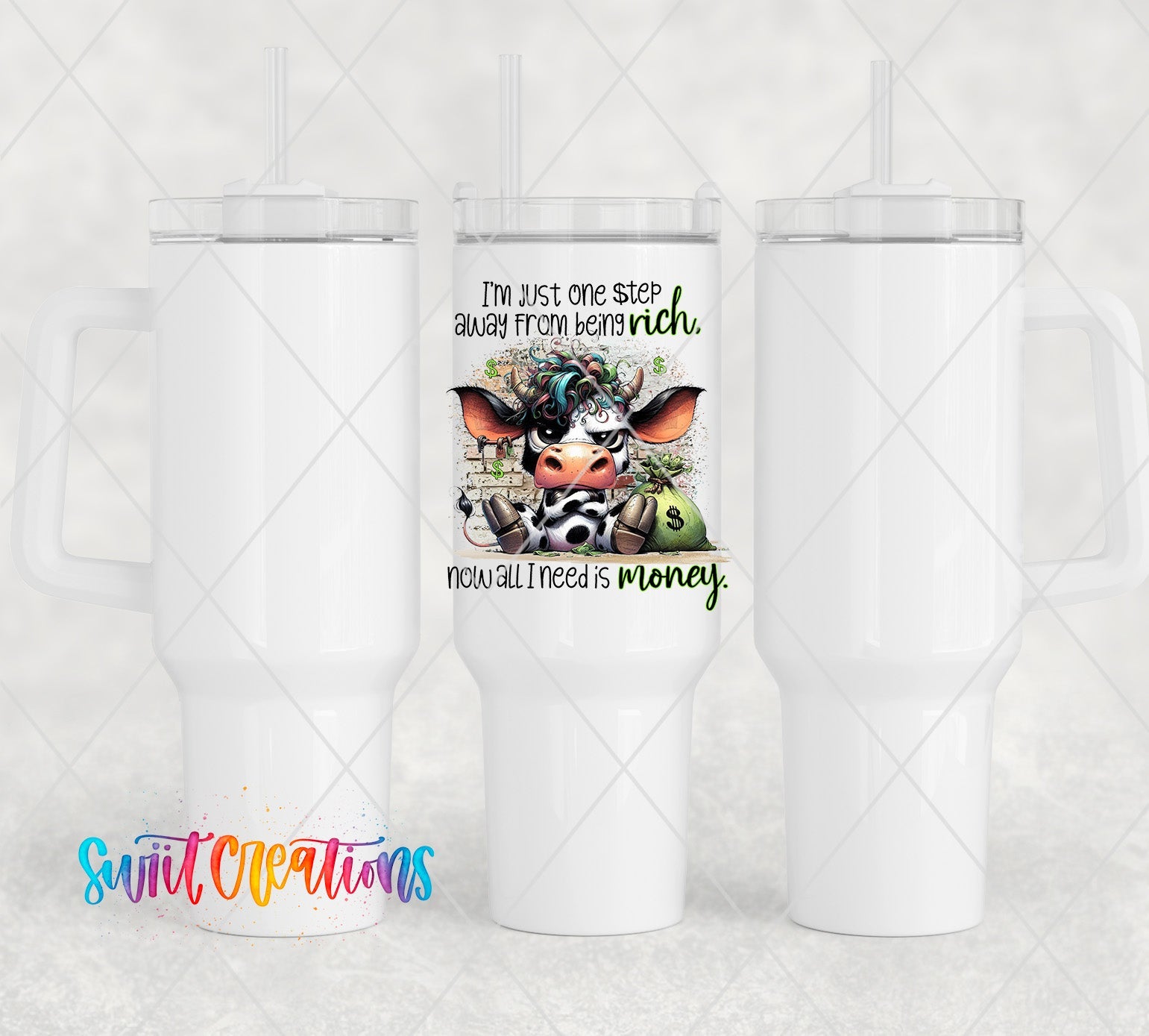 two white travel mugs with a cow on them