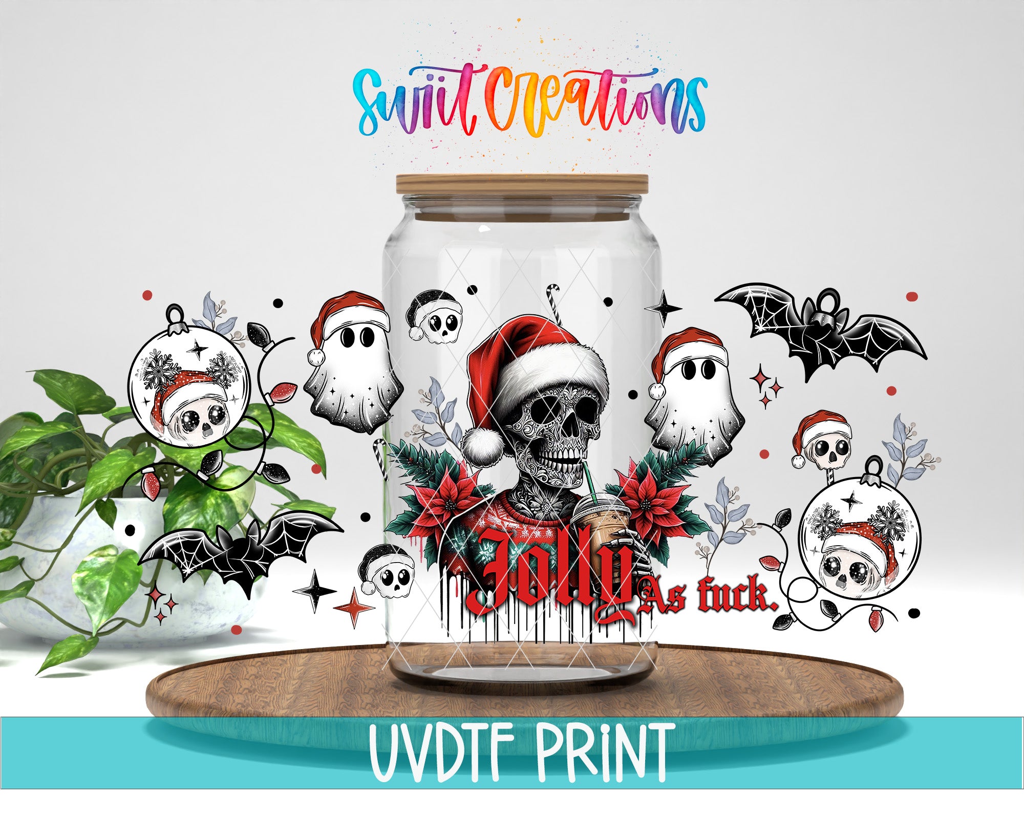 The image is a collage featuring a glass jar with a skull and Santa hat design, surrounded by various Halloween-themed elements such as bats, skulls, and poinsettias.