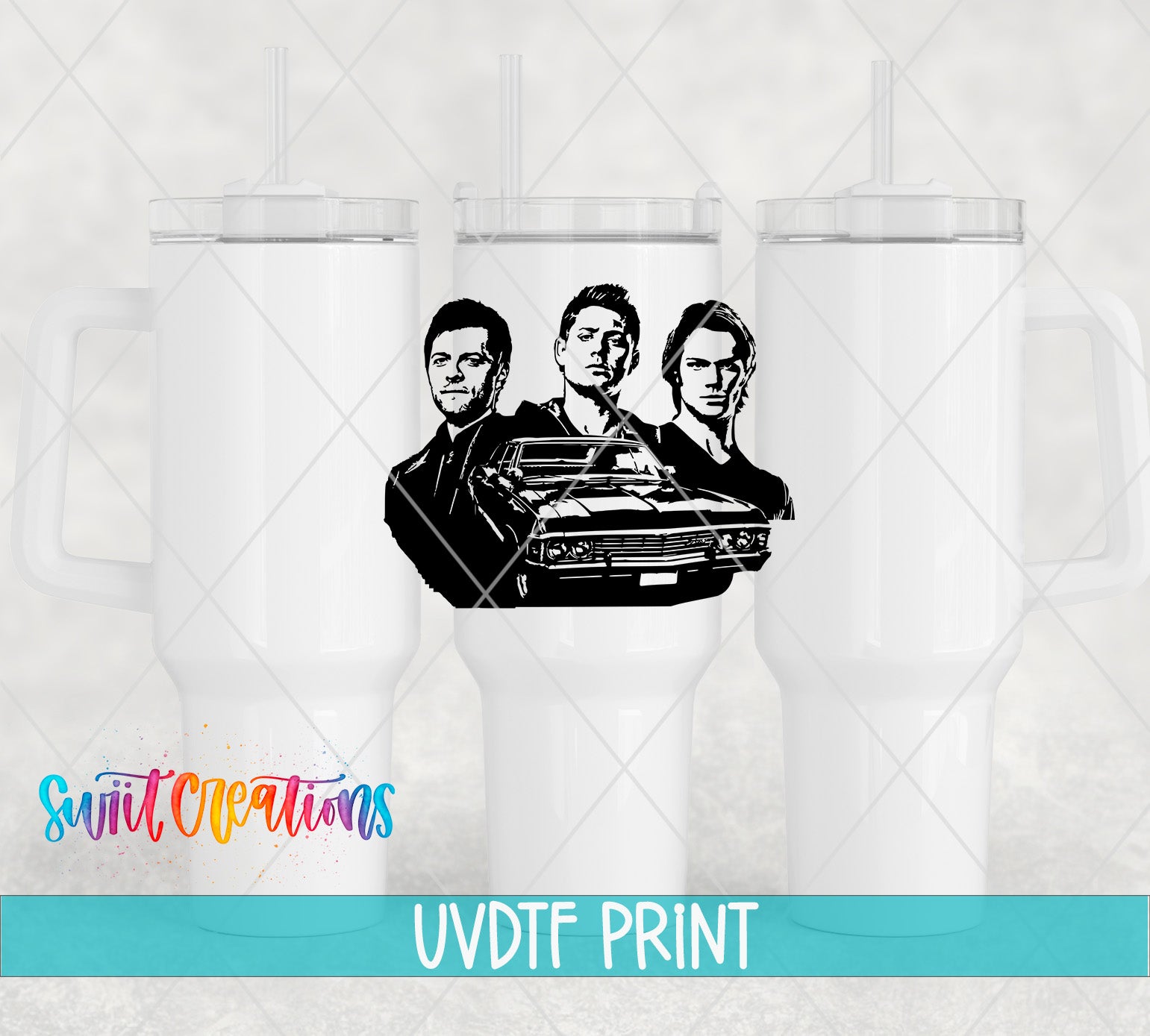three mugs with the image of three men driving a car