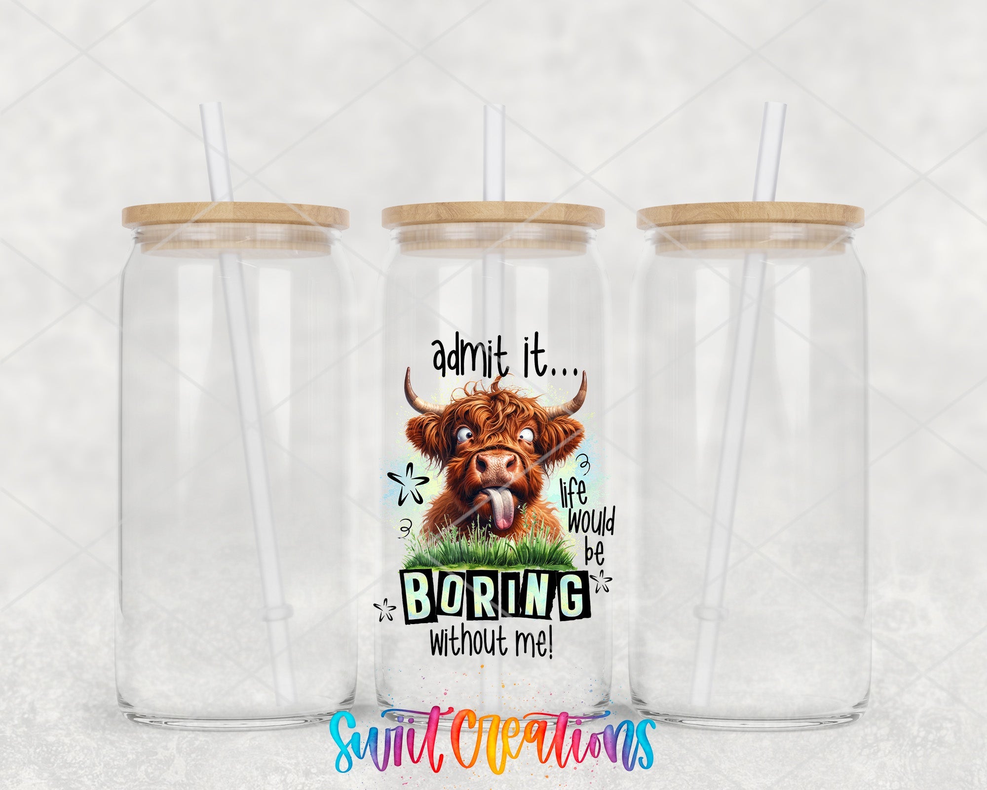 two clear tumblers with a picture of a cow on them