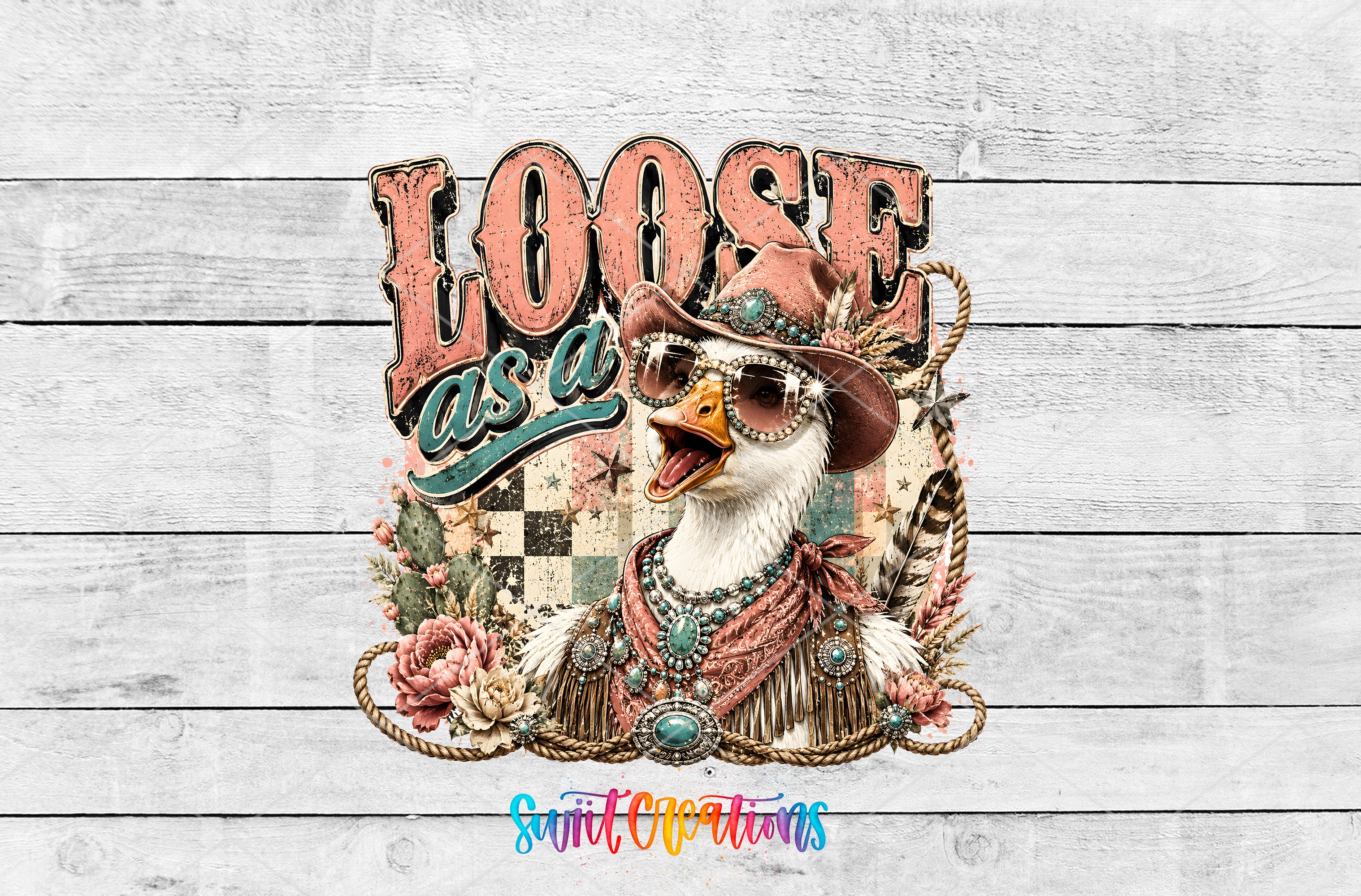 A colorful illustration of a duck wearing sunglasses and a hat, surrounded by flowers and decorative elements, with the text "LOOSE as a" prominently displayed.