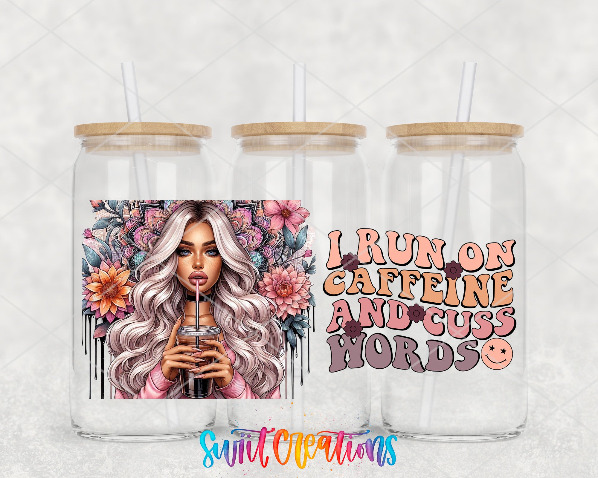 a couple of glass jars with a girl holding a microphone