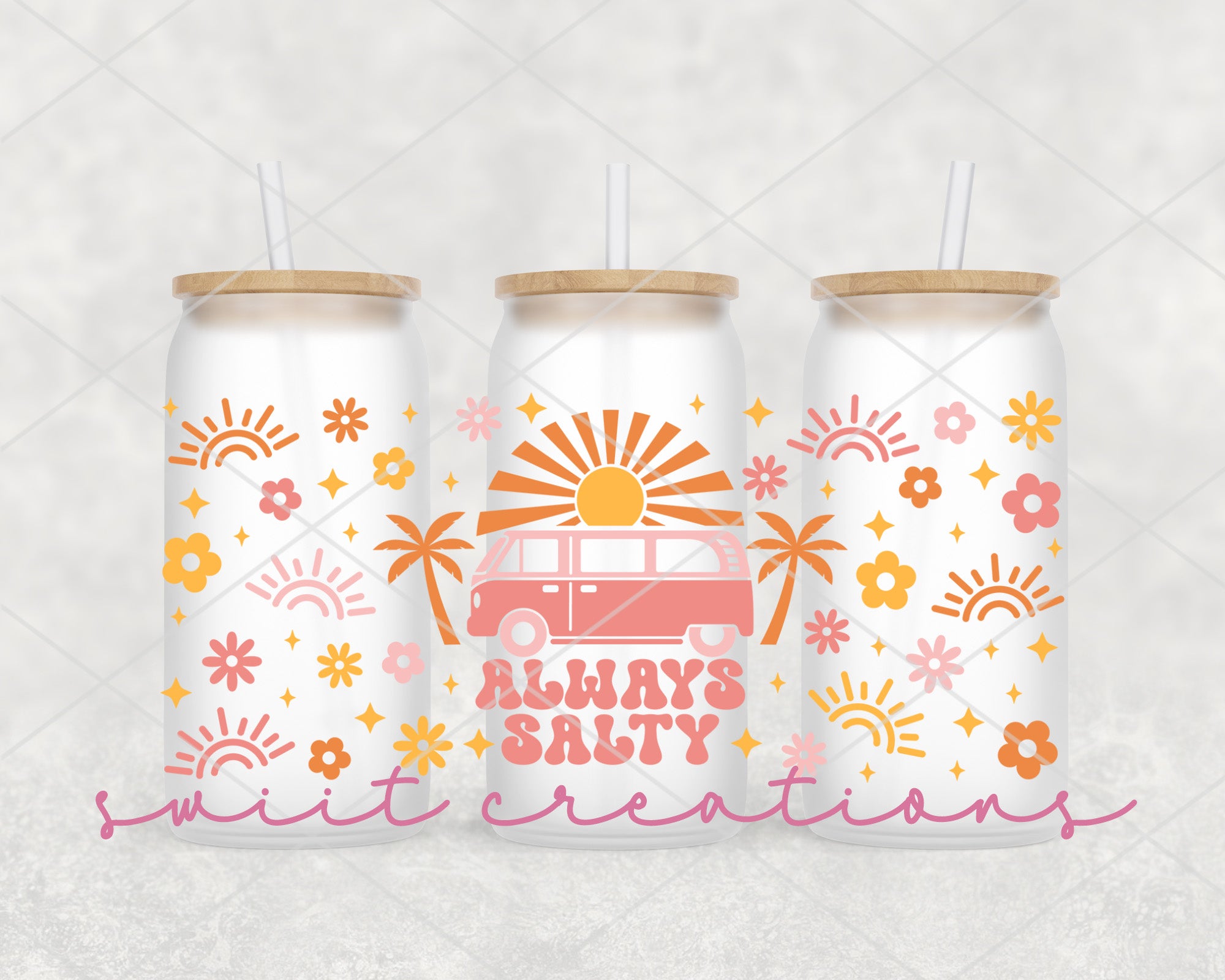 three personalized drink cans with straws in them