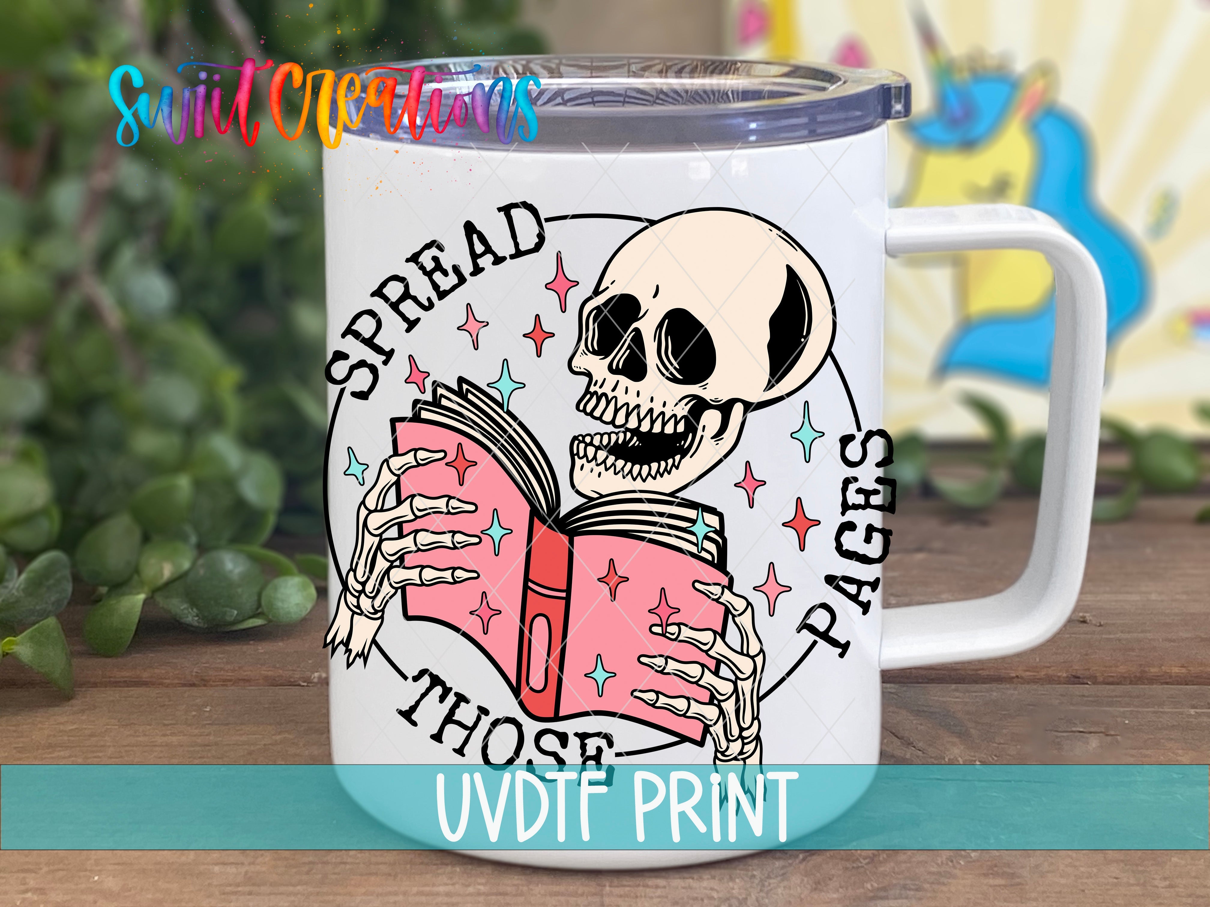 a white coffee mug with a skeleton reading a book