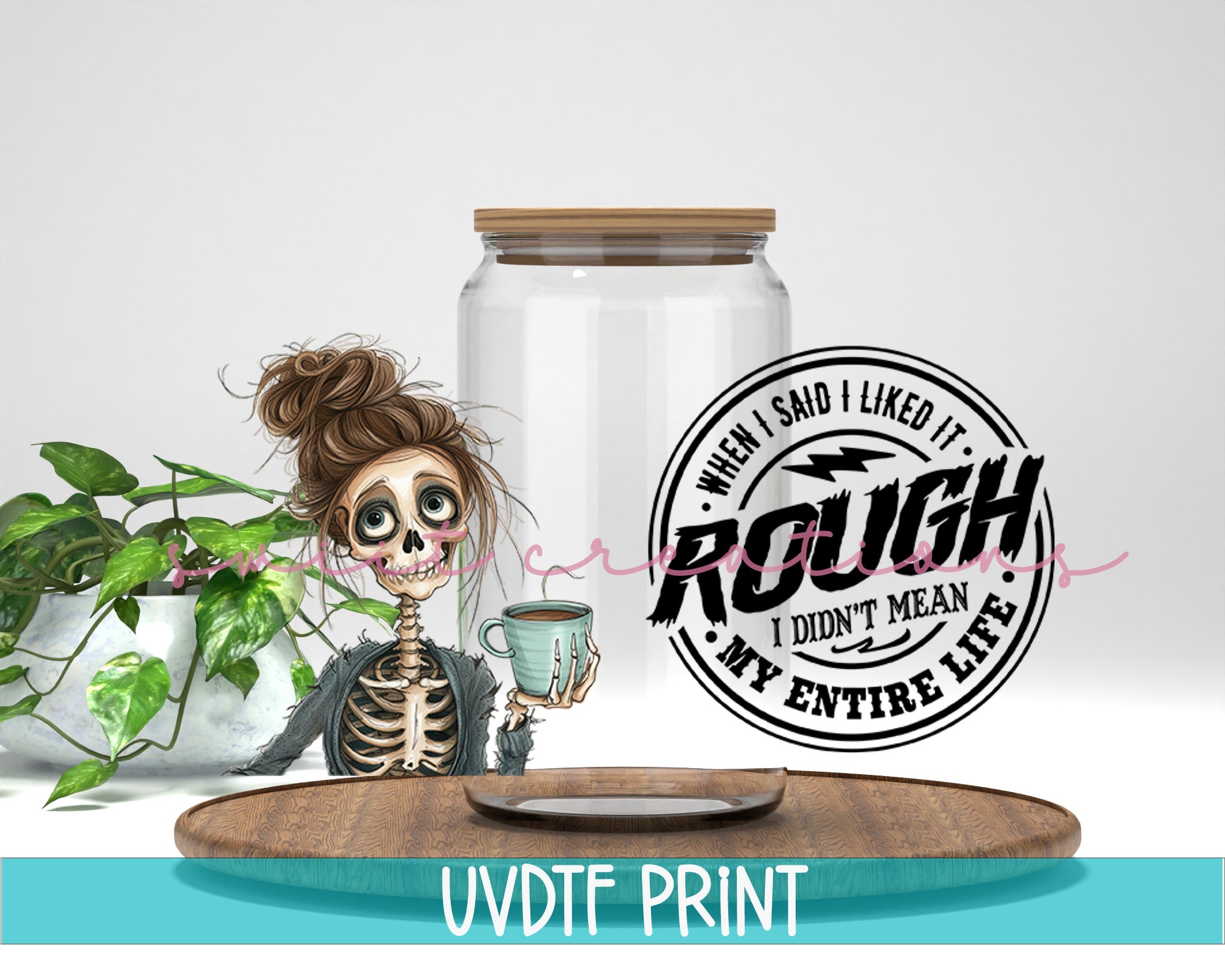 a skeleton holding a cup of coffee next to a jar