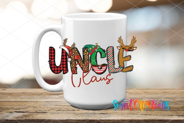 a coffee mug with the word uncle claus on it
