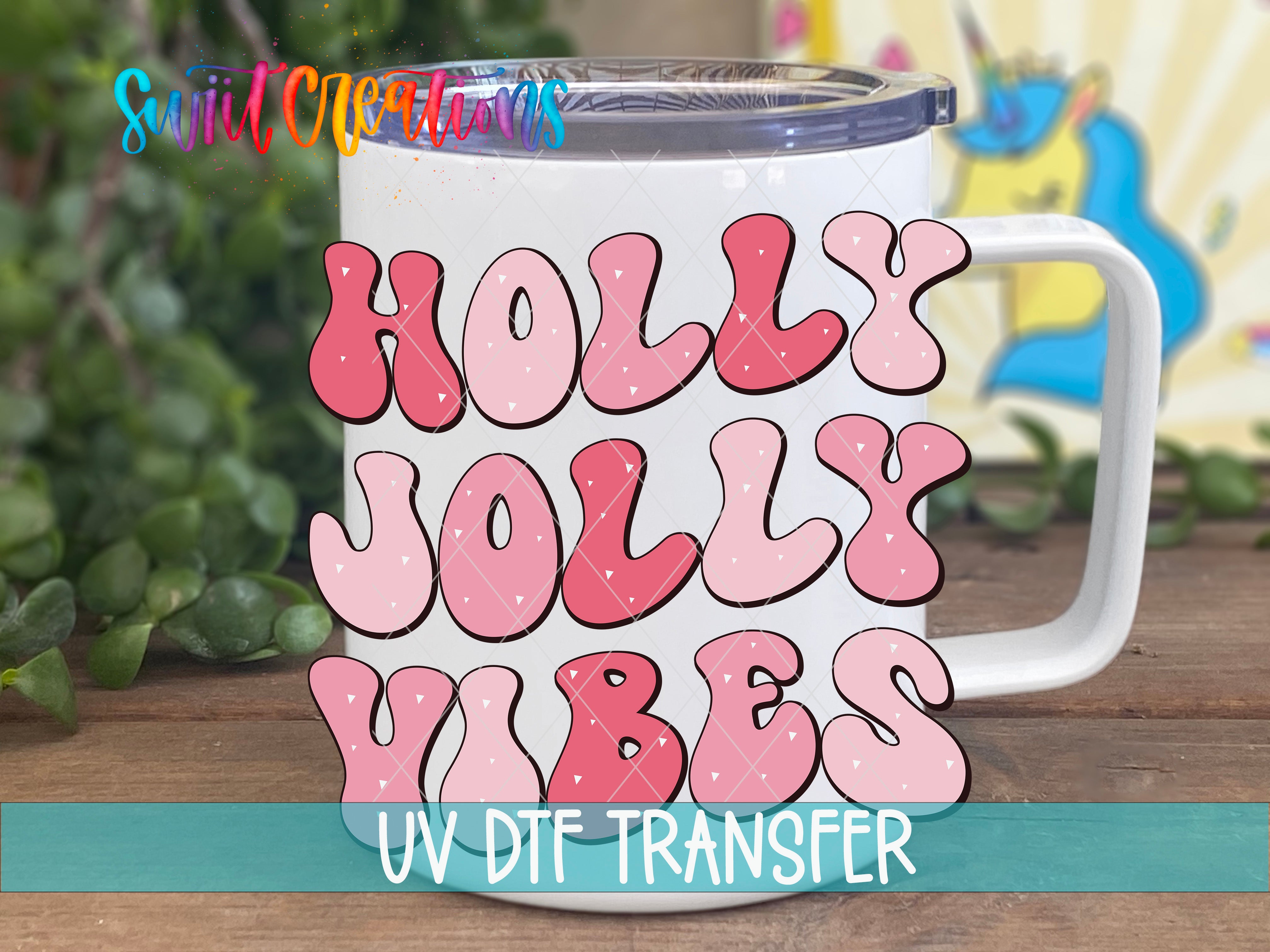 A white mug with the text "HOLY JOYL YIBES" printed on it, along with a unicorn illustration in the background.