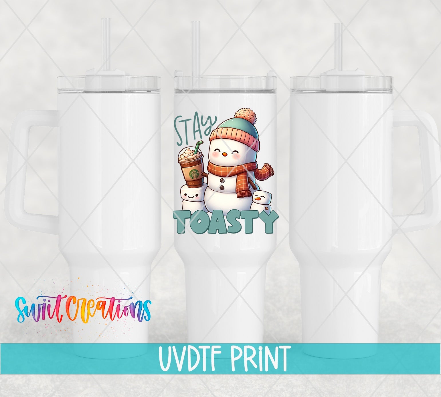 a white tumbler with a picture of a snowman holding a cup