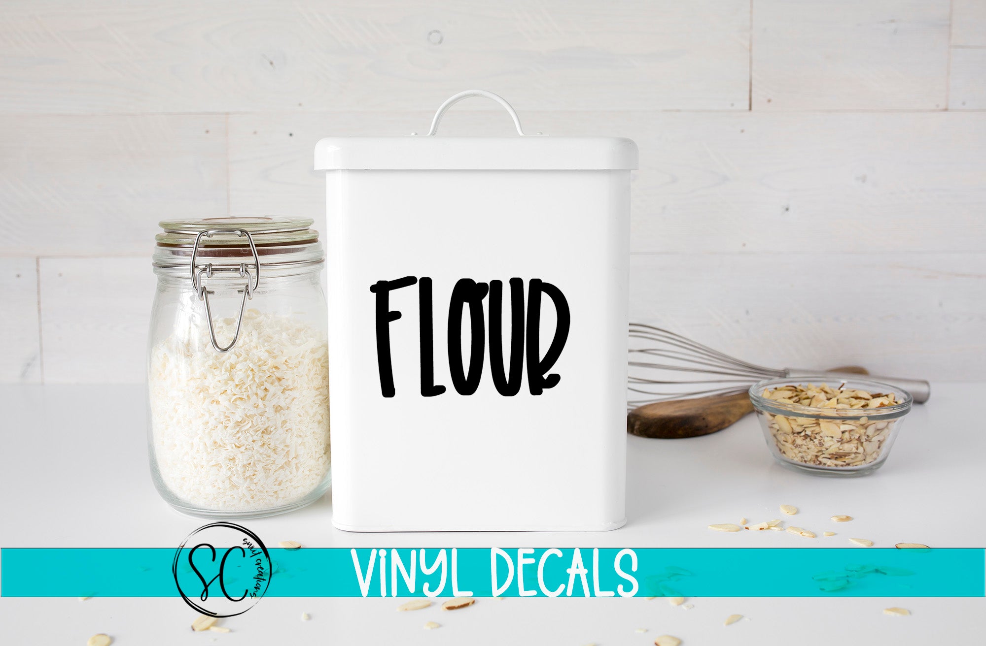 a canister with a spoon and a bowl of oatmeal