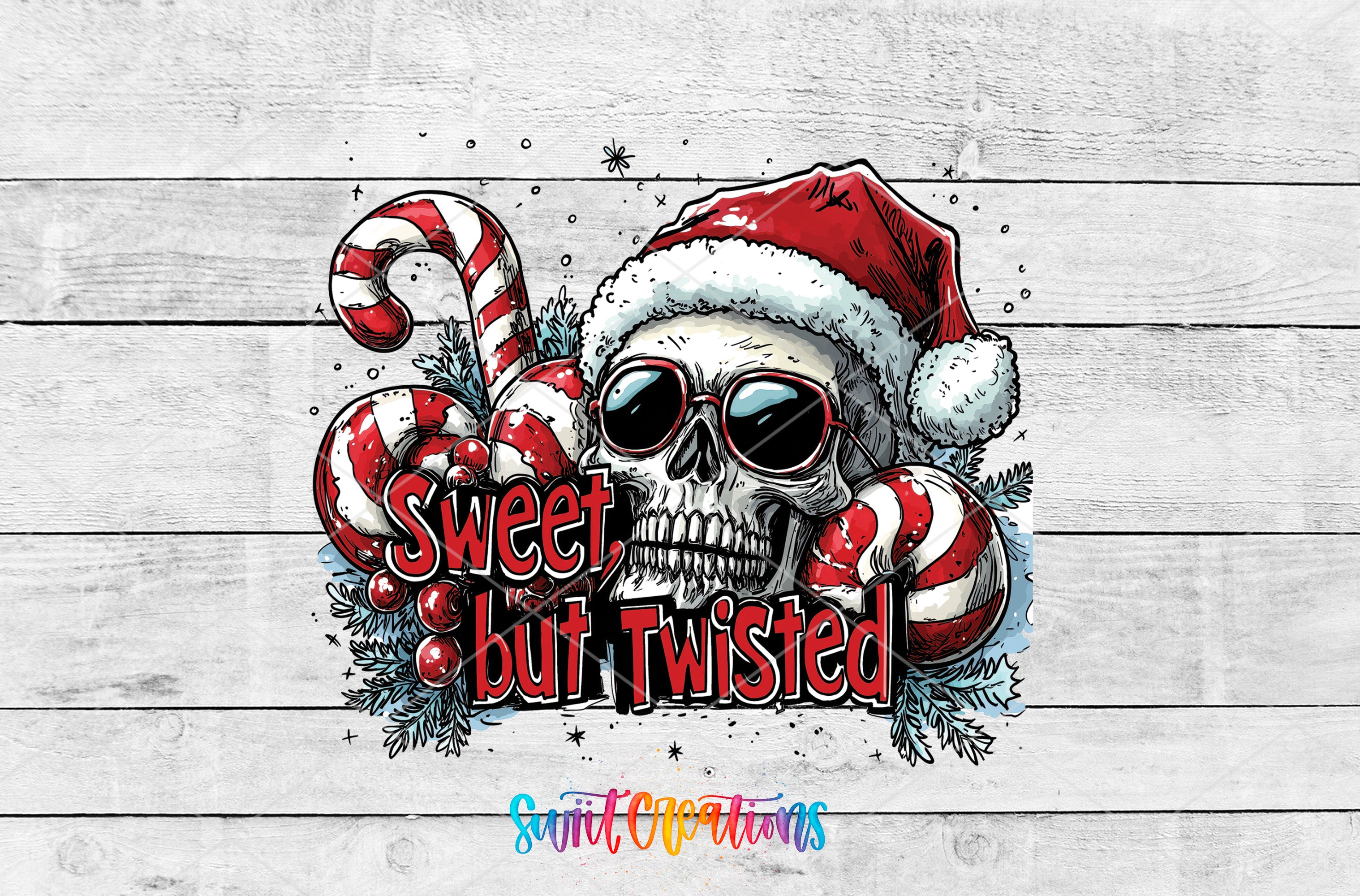 a skull wearing a santa hat with candy canes