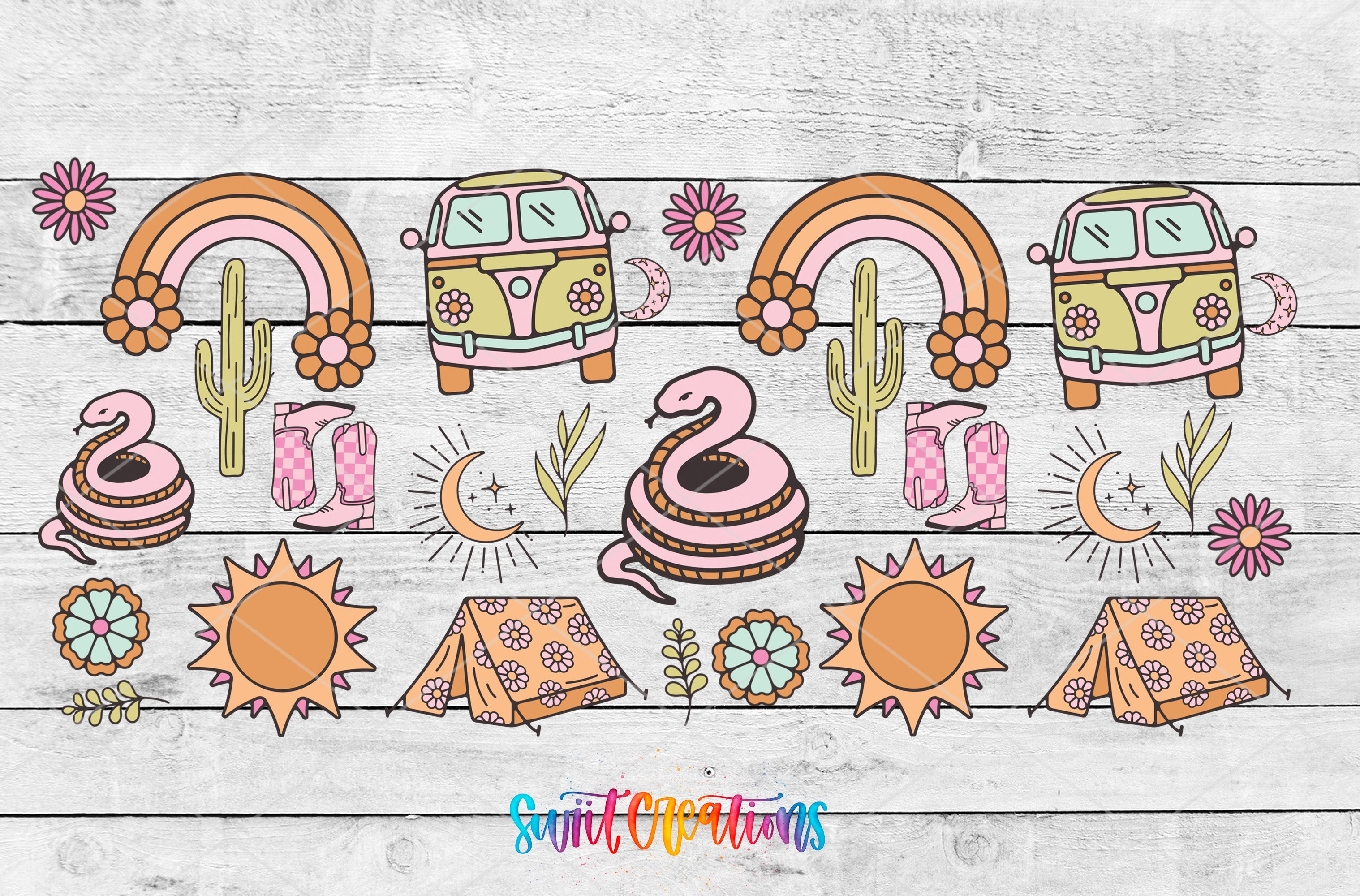 The image is a collage of various colorful and whimsical illustrations, including a rainbow, a van, a snake, a cactus, a tent, and other decorative elements.