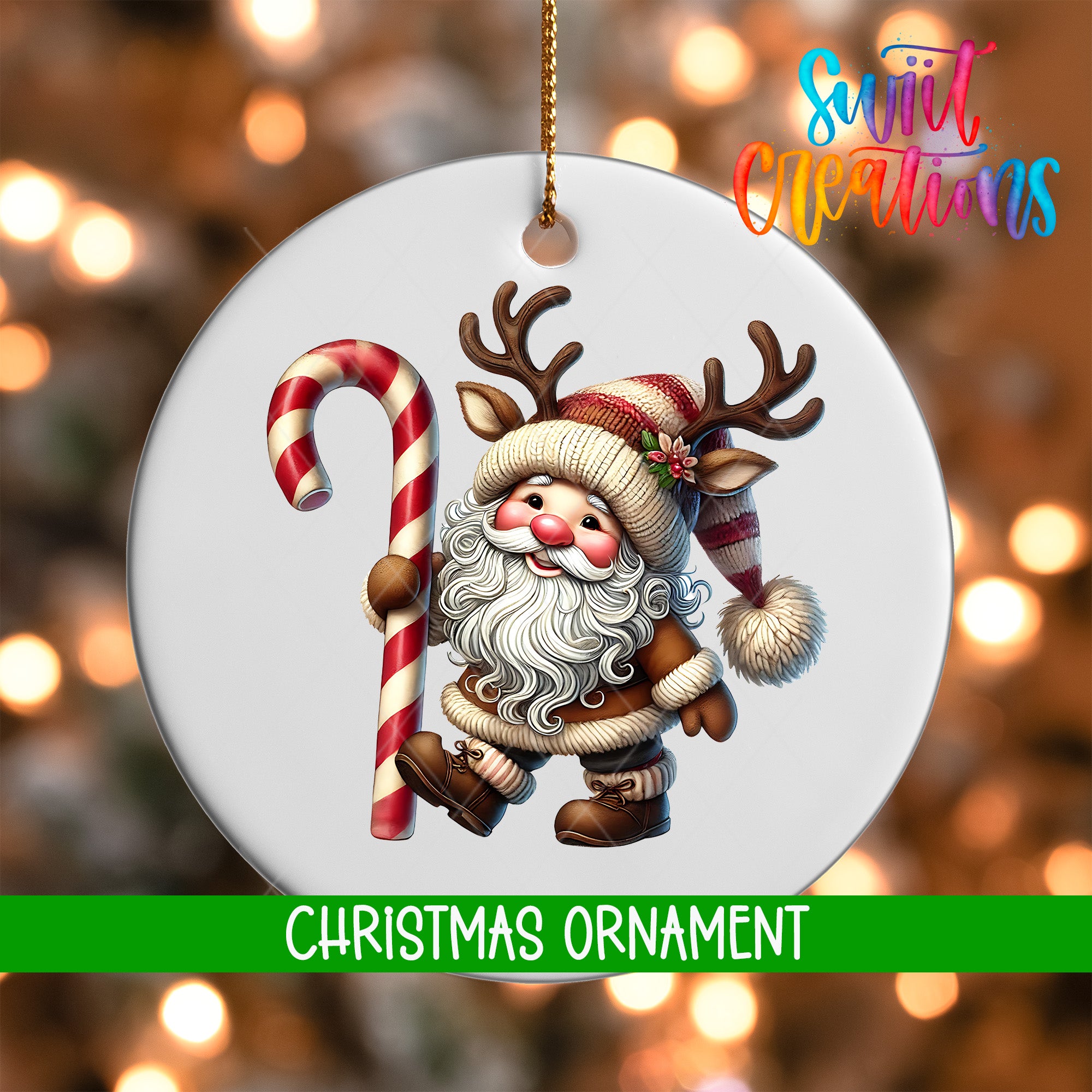 A white Christmas ornament featuring a smiling Santa Claus holding a candy cane and antlers, with the text "Christmas Ornament" below the image.