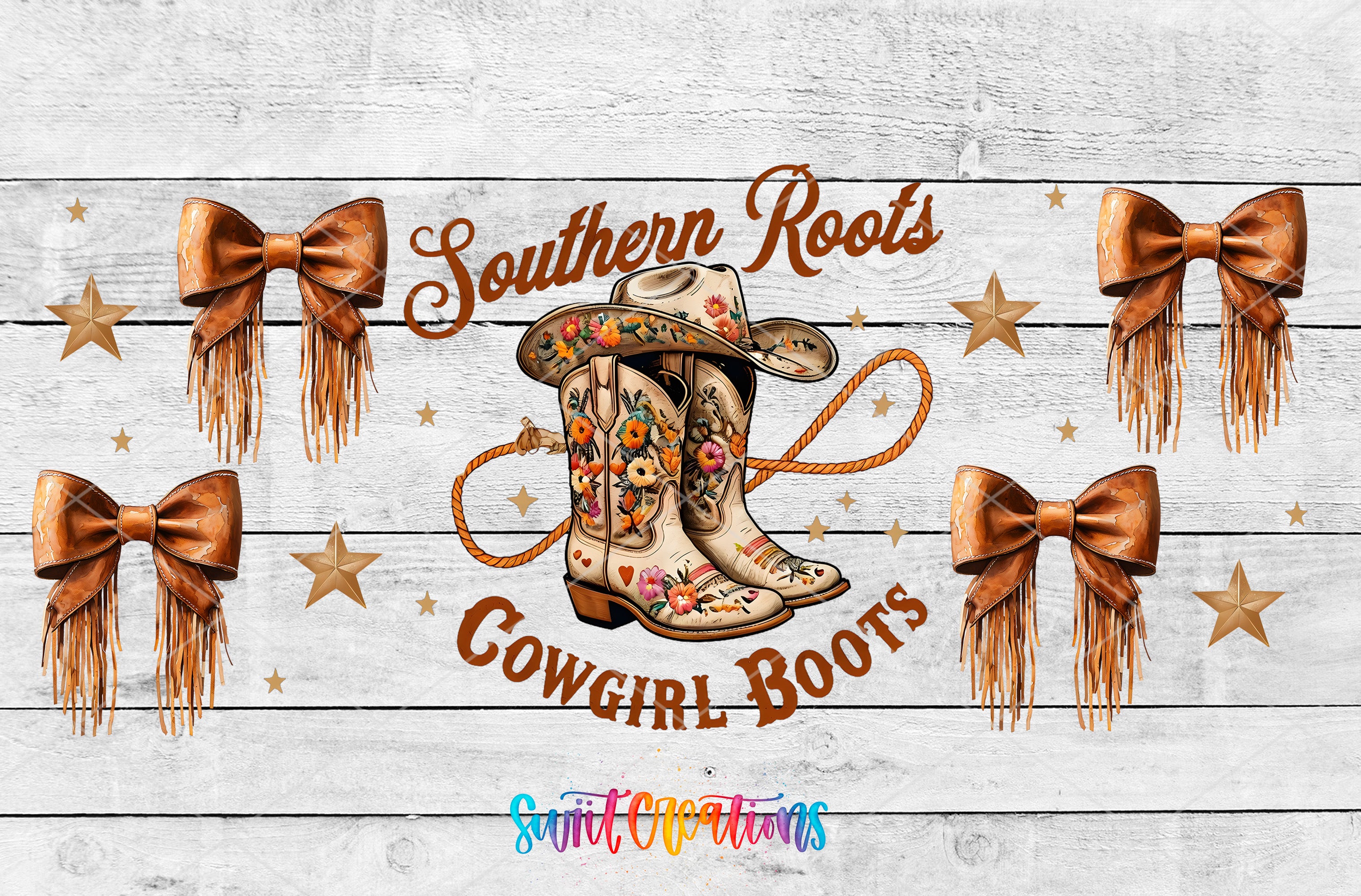 a pair of decorative cowboy boots with fringed bows, surrounded by stars and text that reads "Southern Roots Cowgirl Boots".