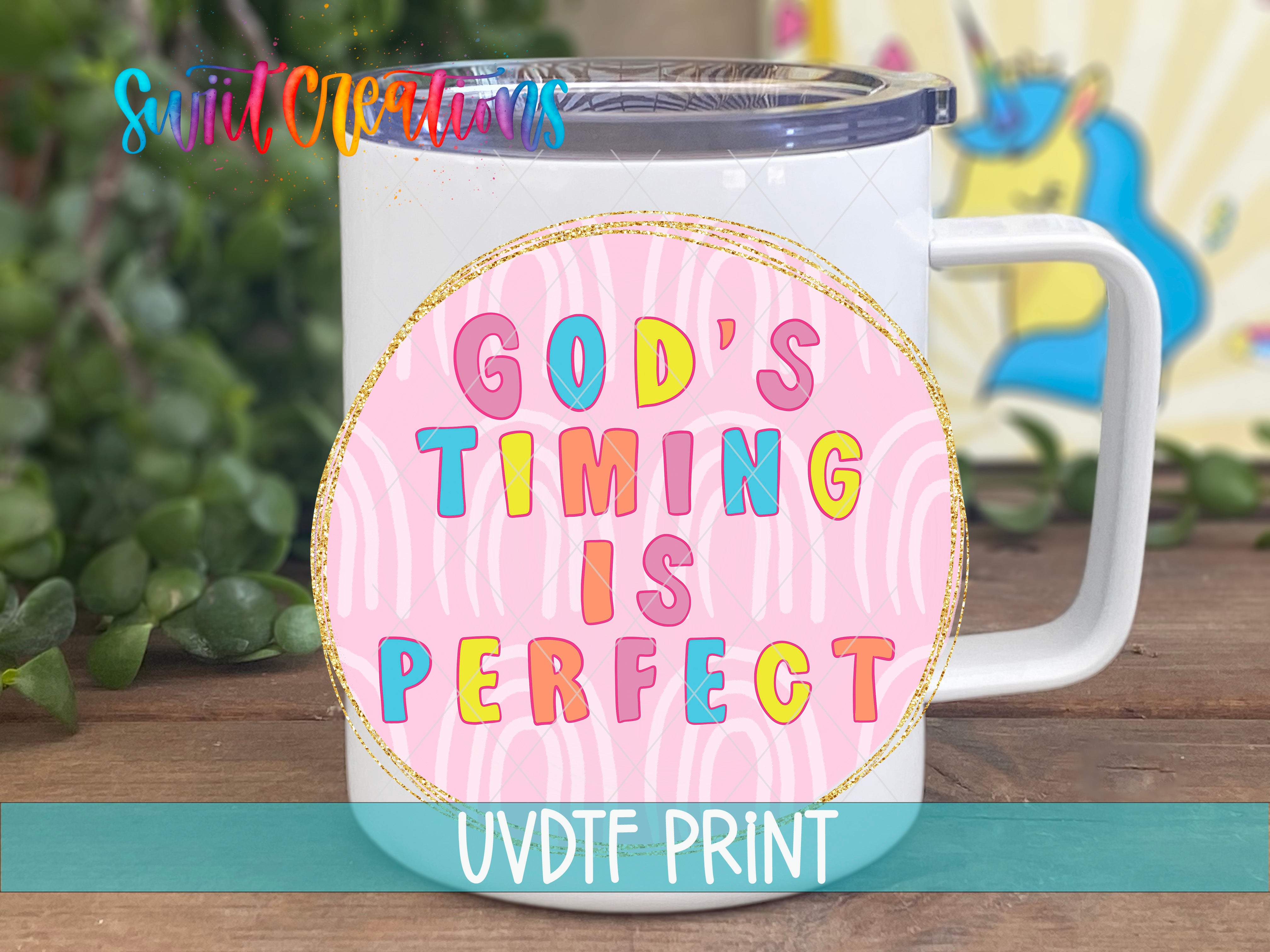 a coffee mug with the words god's time is perfect on it