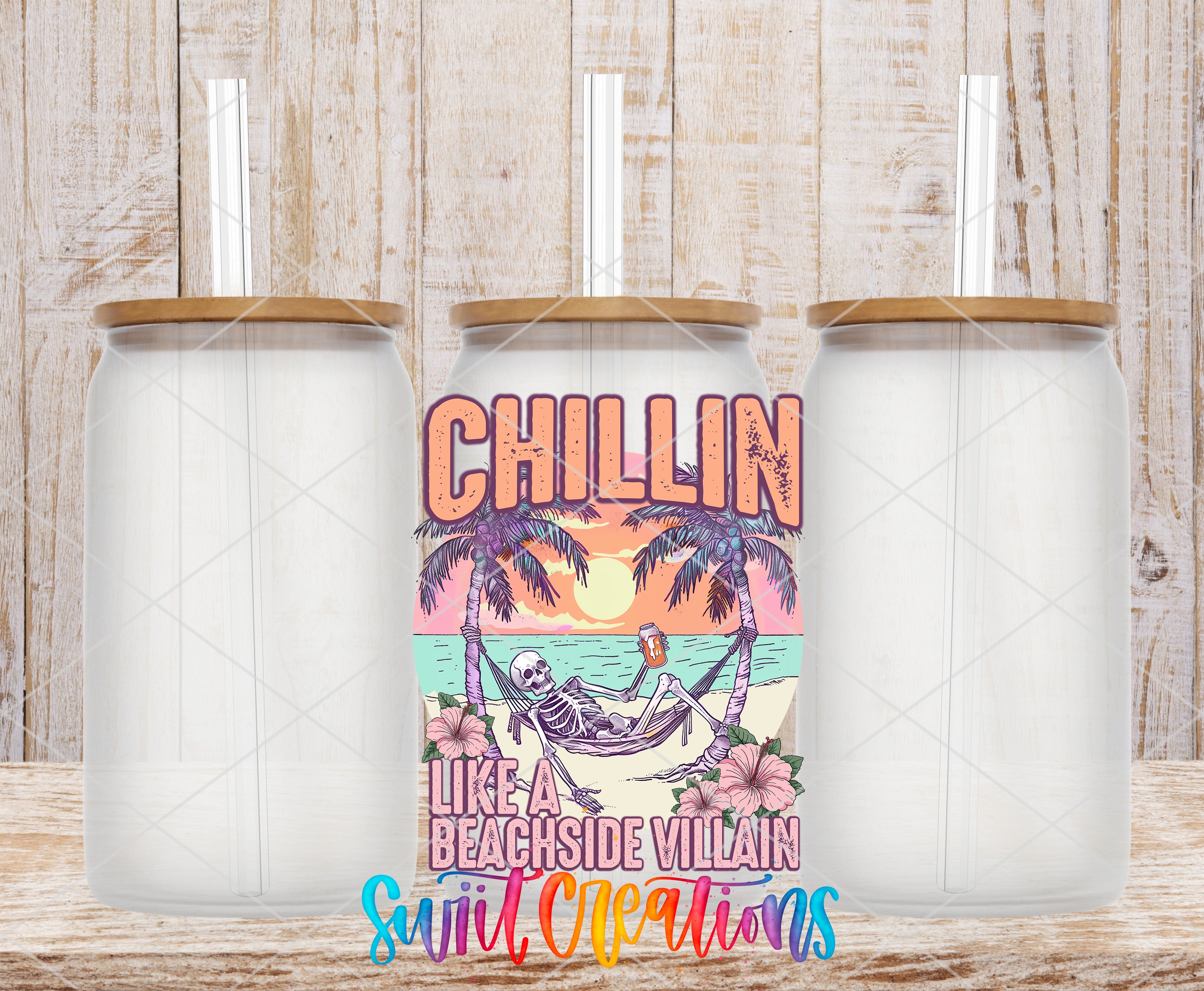 a colorful graphic design with a skeleton lying in a hammock on a beach, surrounded by palm trees and flowers. The design includes the text "Chillin' like a beachside villain" and "suited clean".