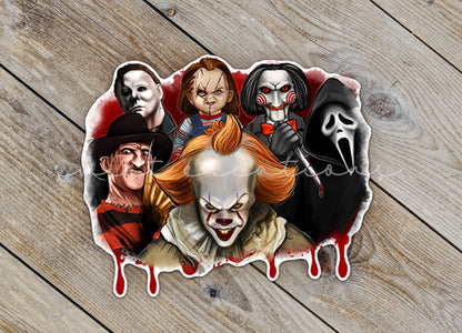 Close-up of the Horror Movie Villains sticker on rustic wood