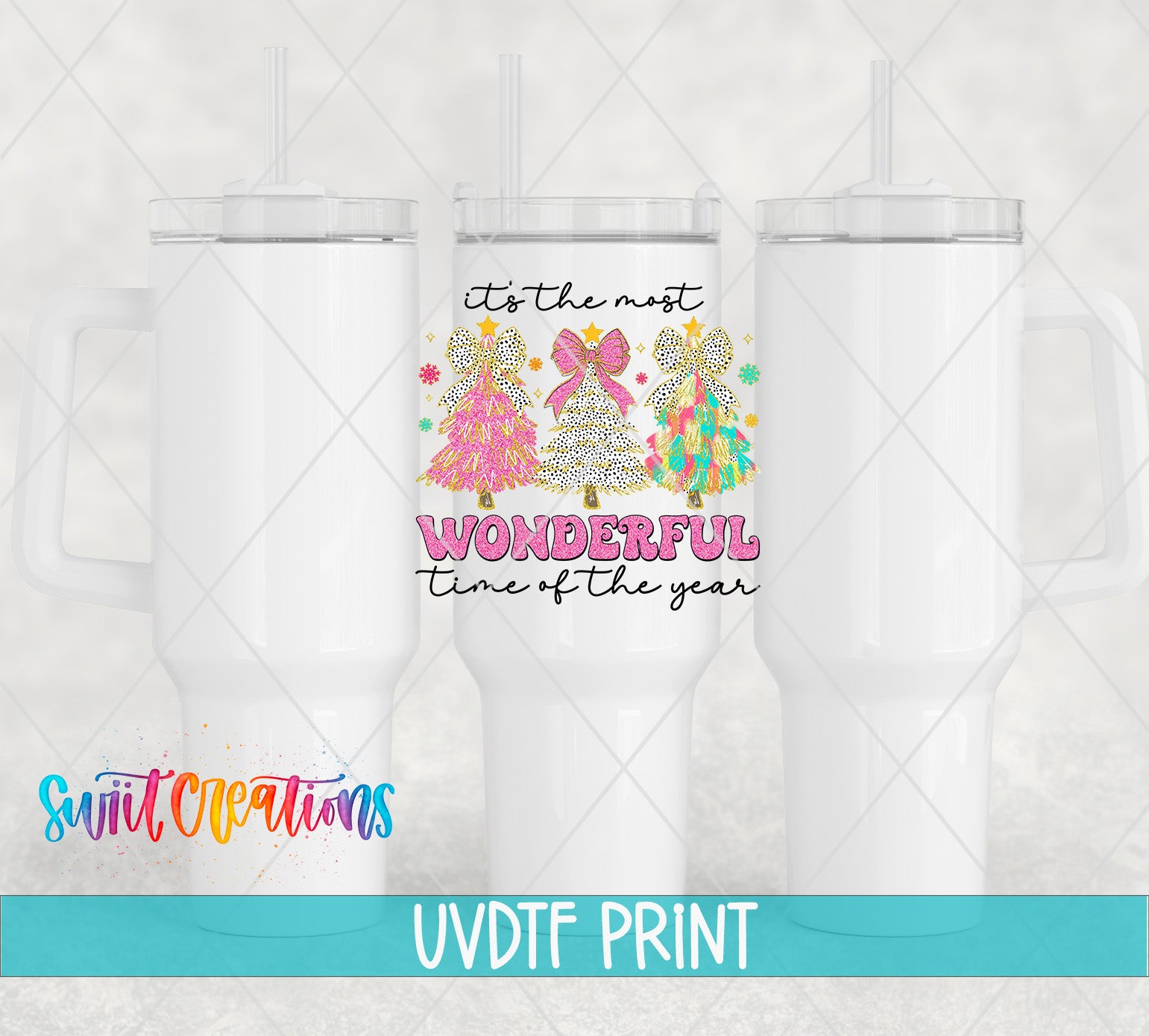 three white travel mugs with the words, it's the most wonderful time