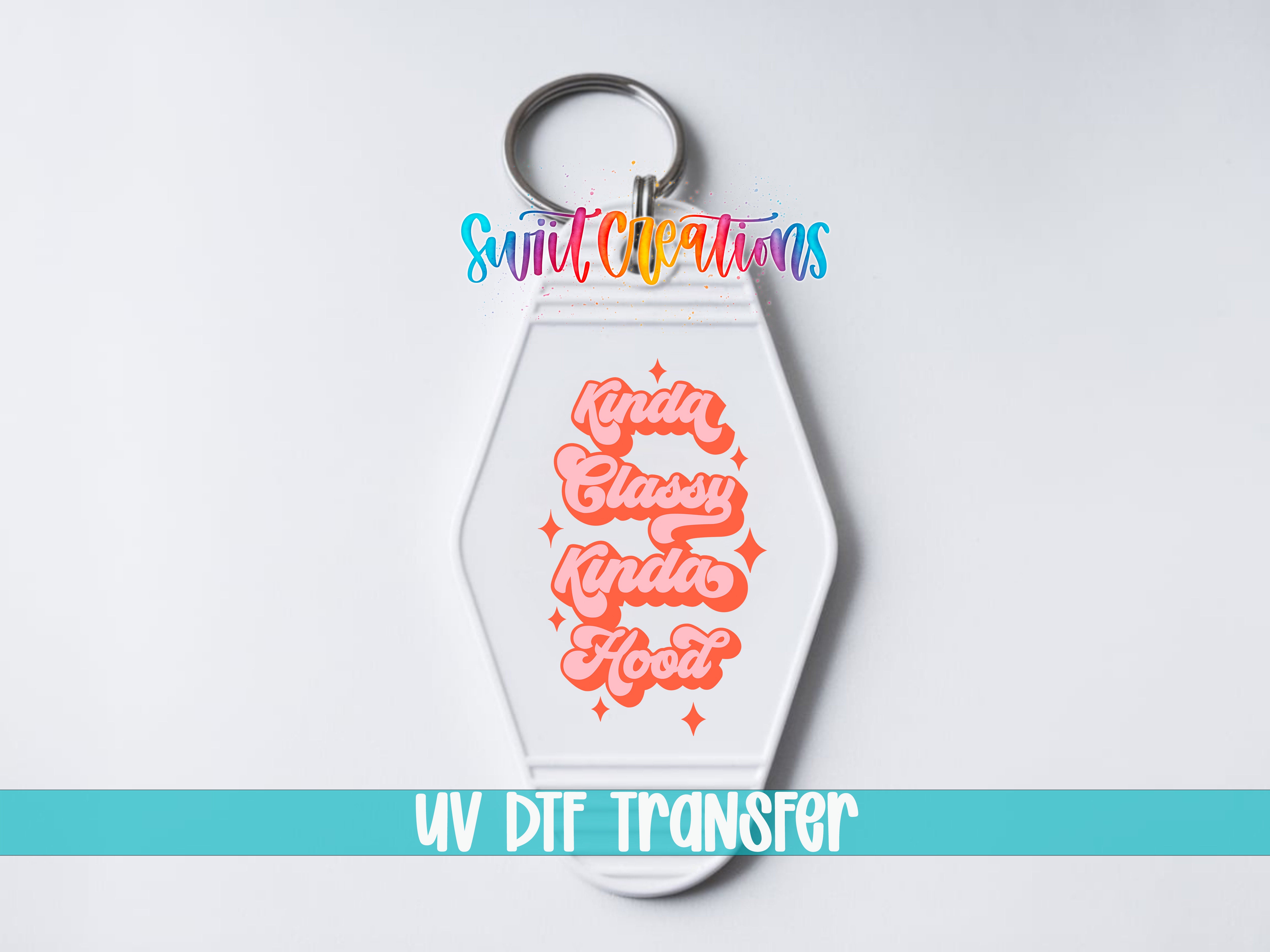 A keychain with a colorful design and text on it.