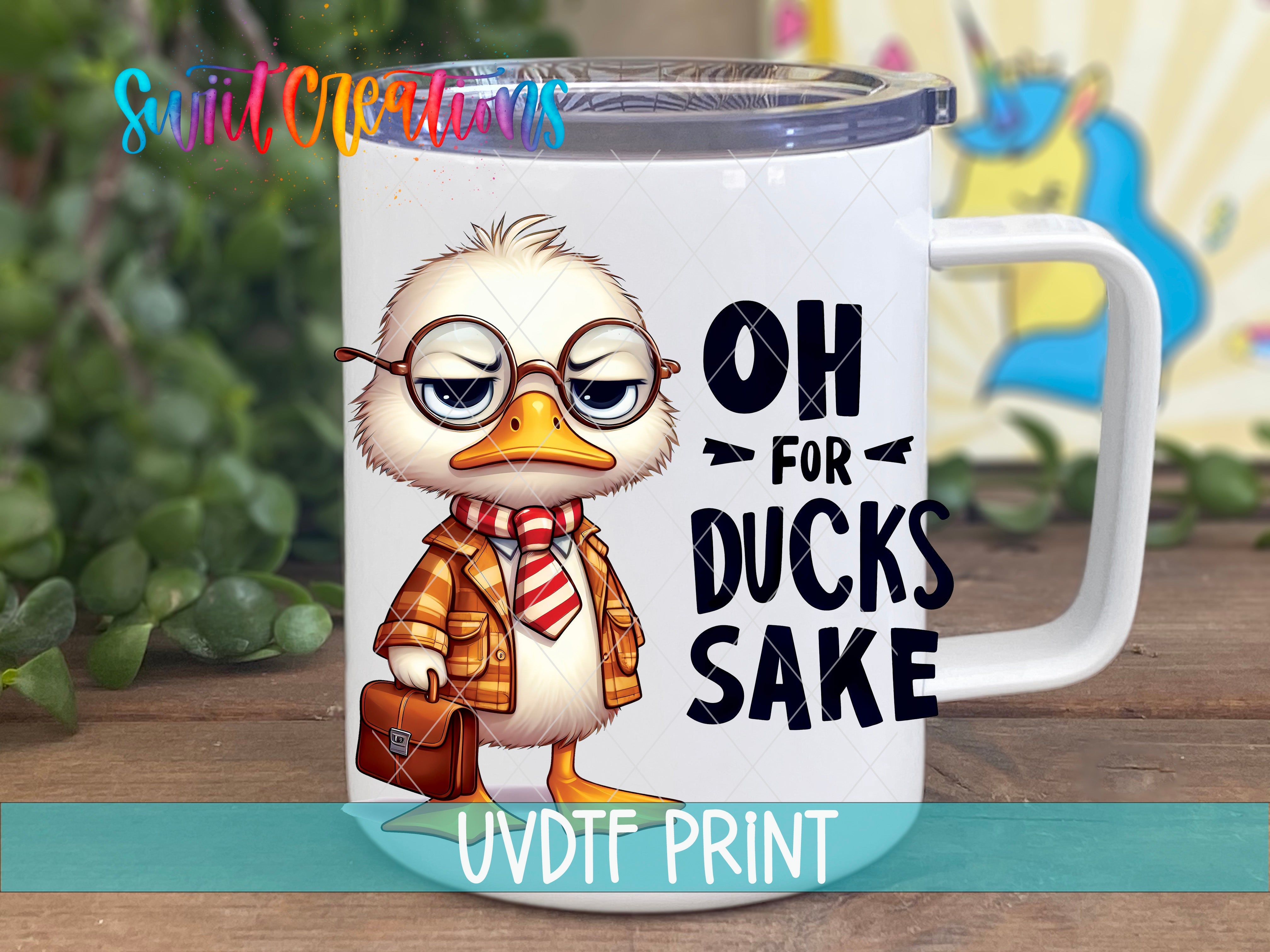 a white coffee mug with an image of a duck wearing a scarf