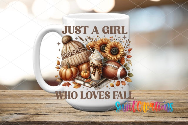 a coffee mug that says just a girl who loves fall