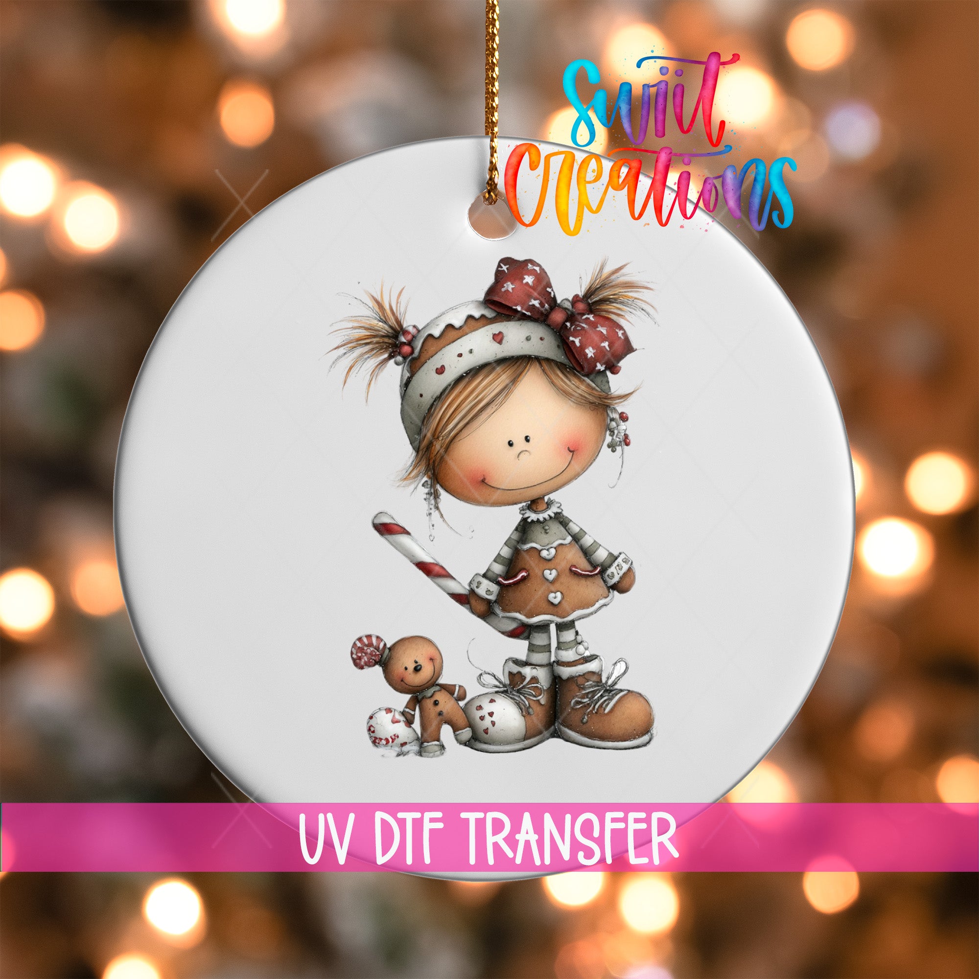 A white ornament featuring a smiling girl with a bow on her head, holding a gingerbread man, and a small stuffed animal.