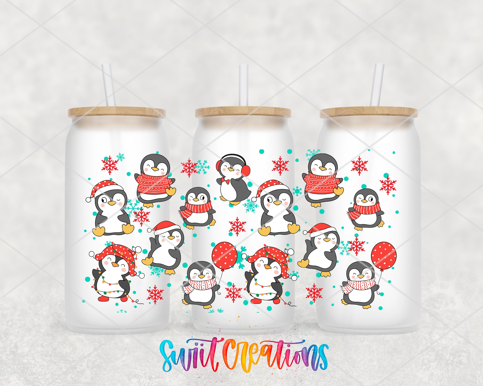 a group of penguins wearing hats and scarfs