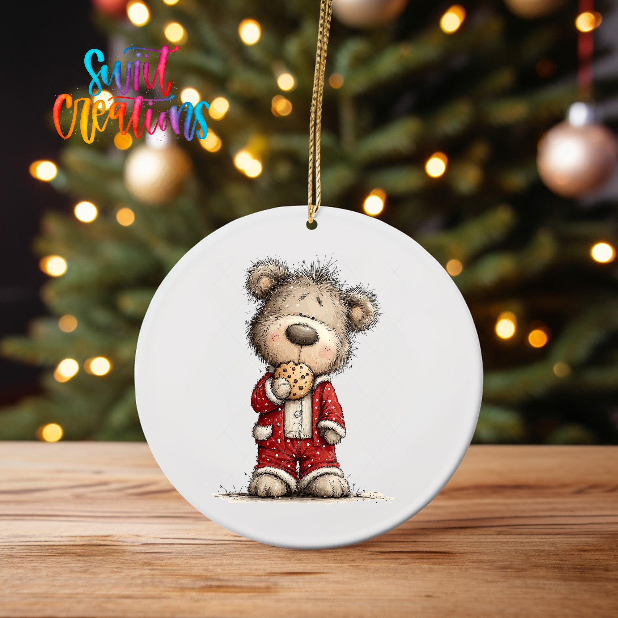 A white ceramic ornament featuring a cartoon image of a bear wearing a red outfit and holding a cookie.