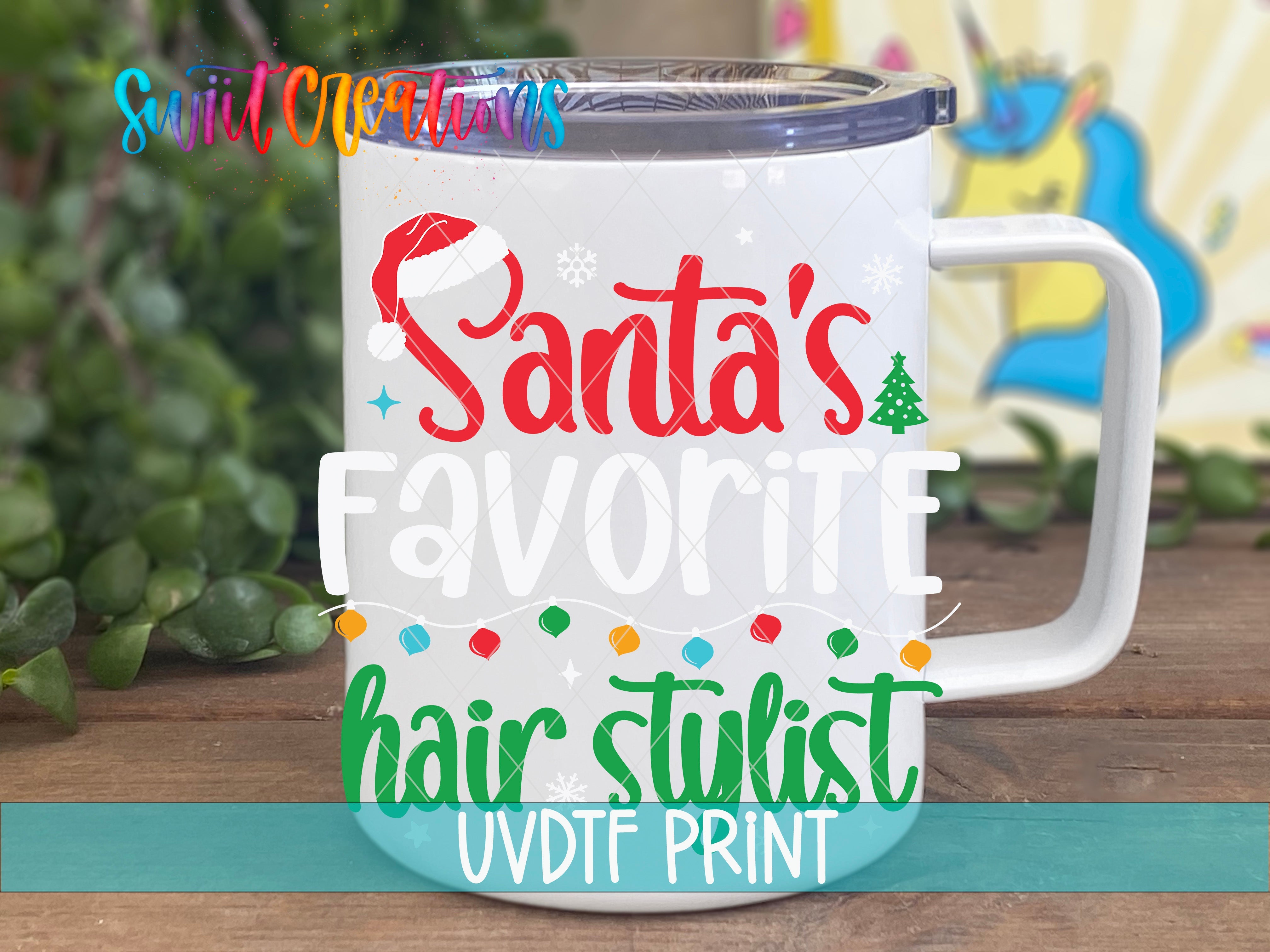 a white coffee mug with santa's favorite hair stylist on it