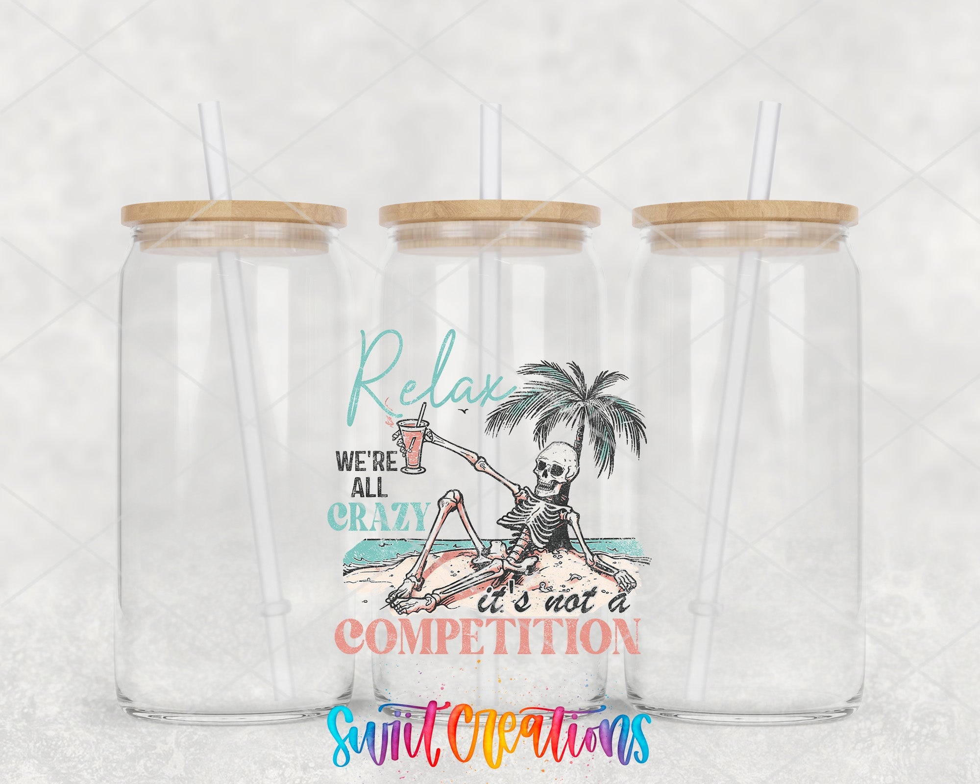 two clear tumblers with a picture of a skeleton and a palm tree