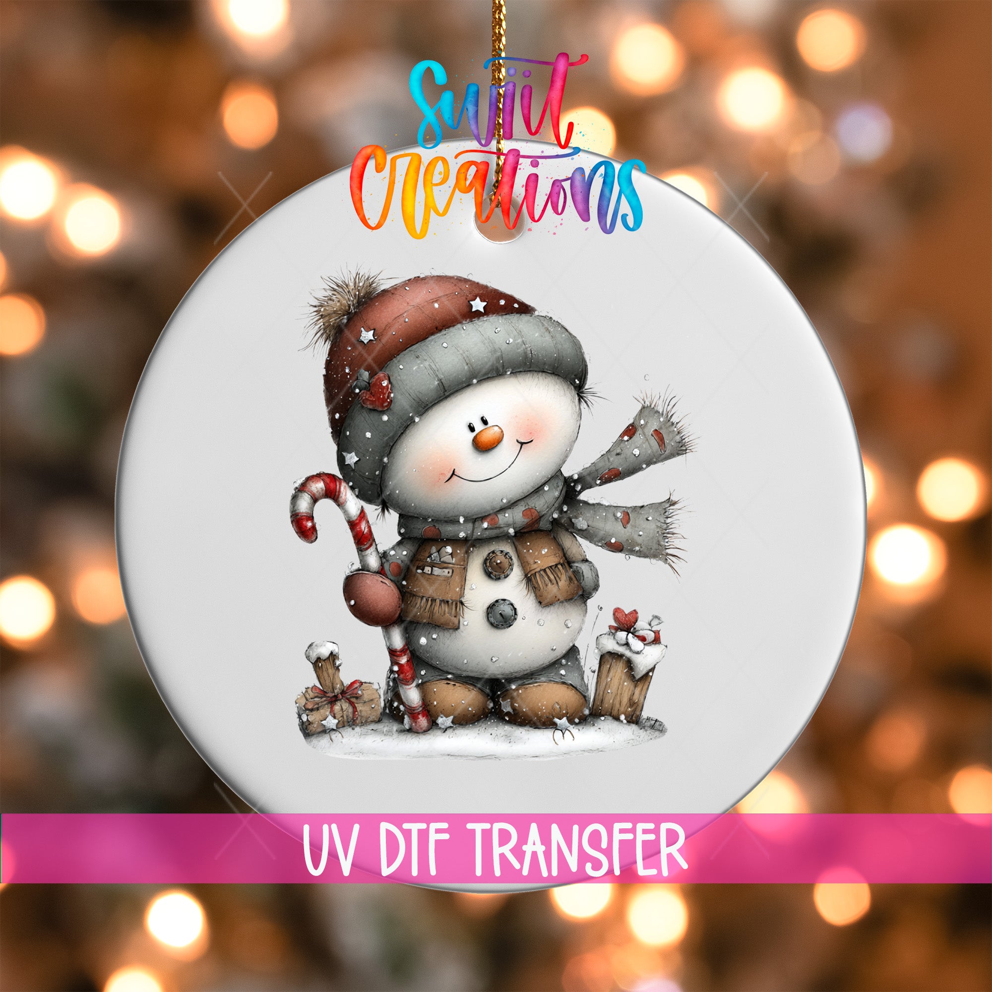 A snowman ornament with a candy cane and other winter-themed elements, including a scarf and hat, is displayed against a background of colorful lights.