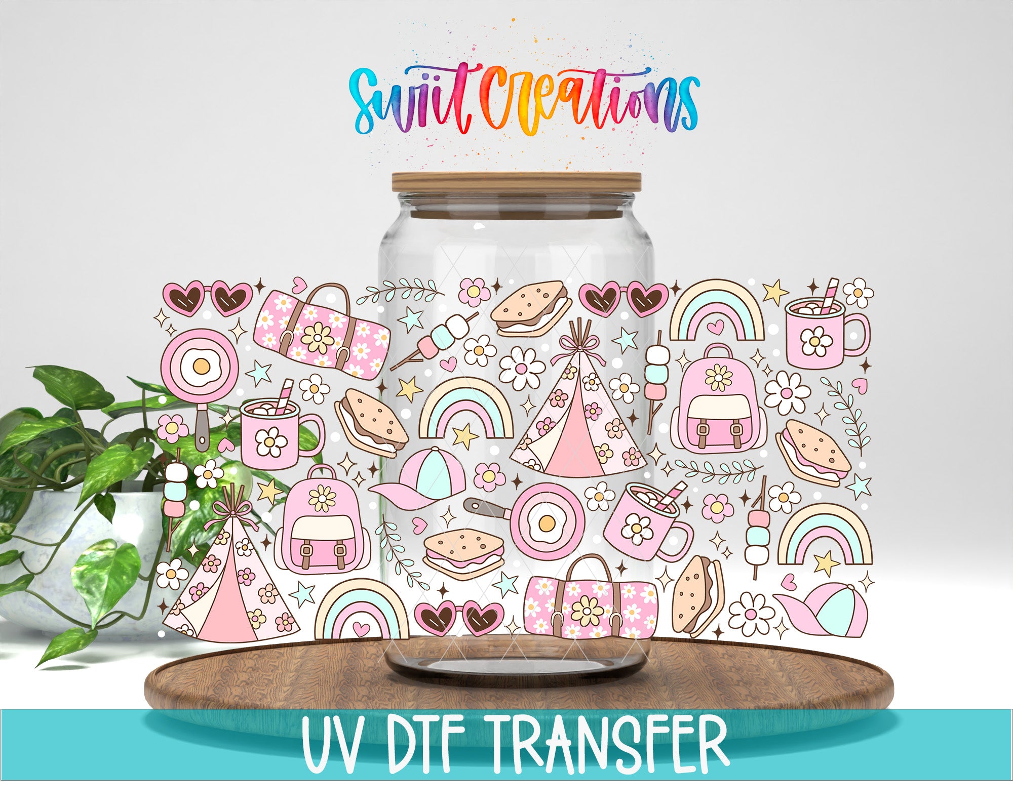 a glass jar with a colorful, whimsical design on it, including various icons and illustrations such as hearts, flowers, and a backpack. The jar is placed on a wooden surface, and there is a plant in the background. The image also includes text that reads "UV DFT TRANSFER" and "Swift Creations", suggesting that the image may be related to a creative project or product.