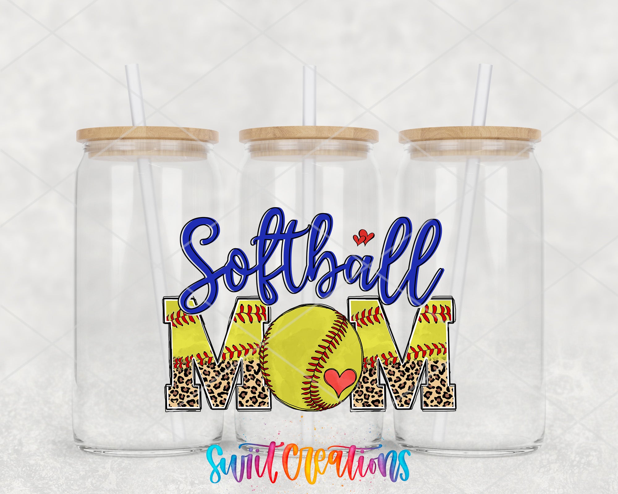 three glass jars with straws, each containing a softball design and the text "Softball Mom" written on them.