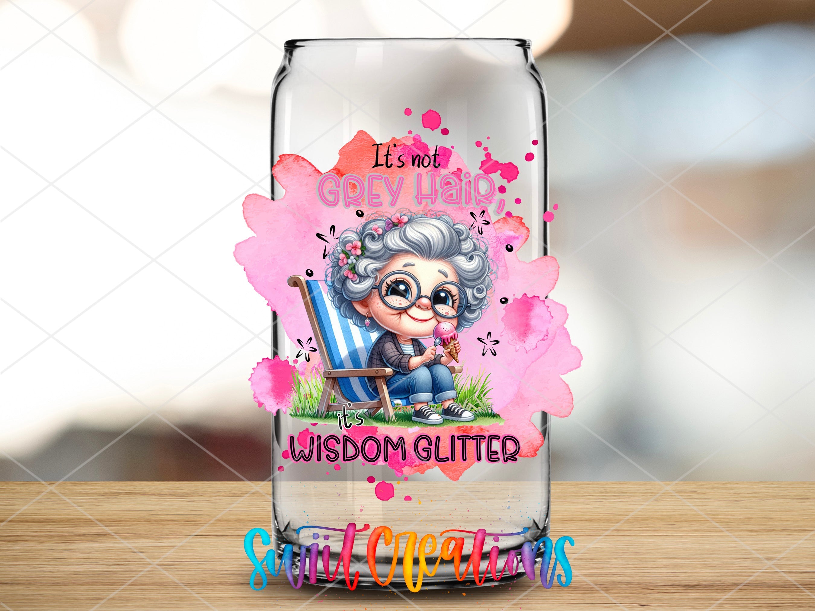 a glass bottle with a picture of a woman sitting in a chair
