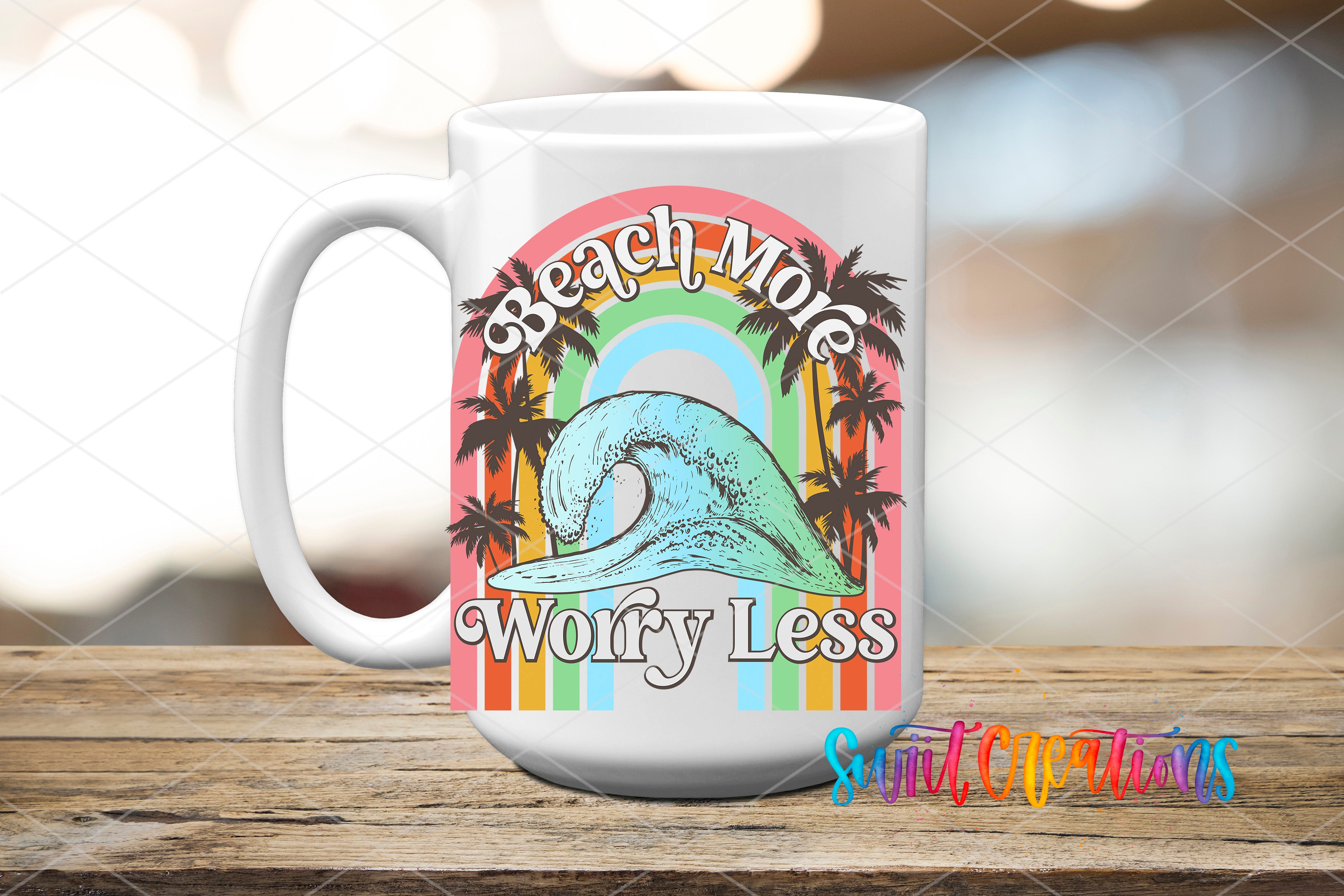 A white mug with a colorful graphic design featuring a wave, palm trees, and the text "Beach Moles Worry Less" on it.