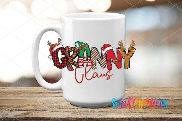a white coffee mug with the word granny claus on it