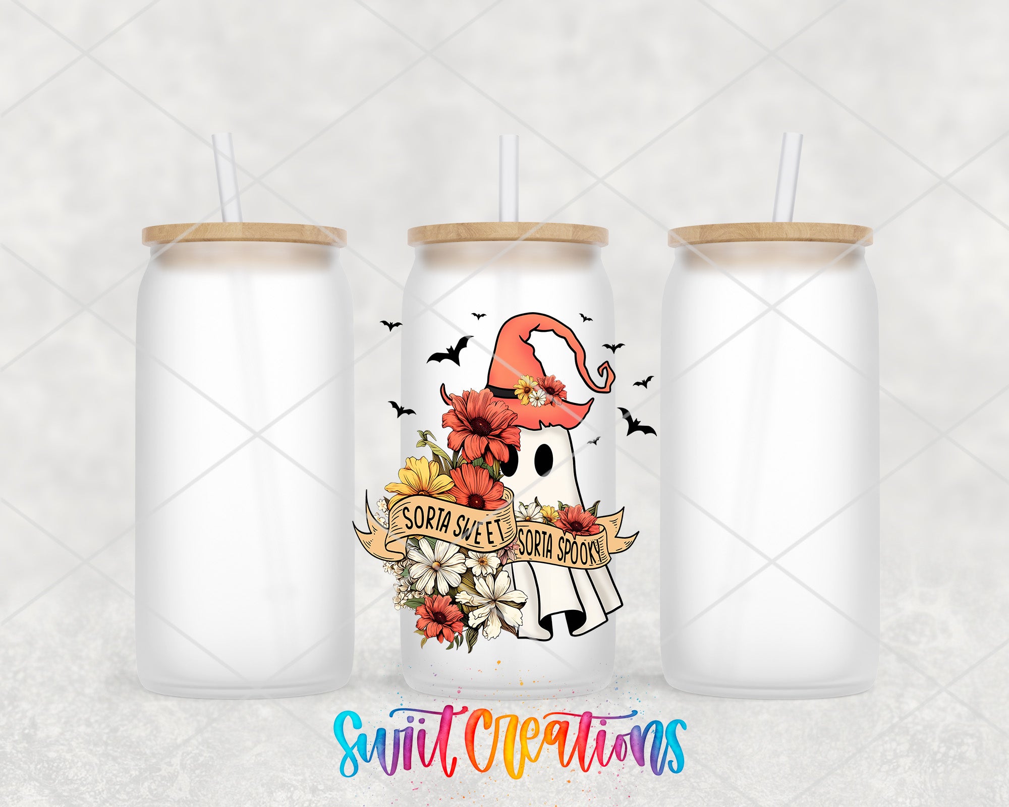 a set of two tumblers with a picture of a dog wearing a witches hat