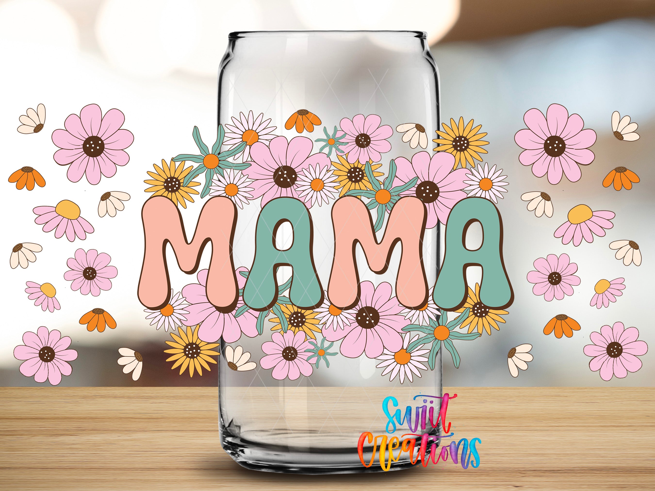 a glass jar with the word "Mama" written on it, surrounded by colorful flowers.